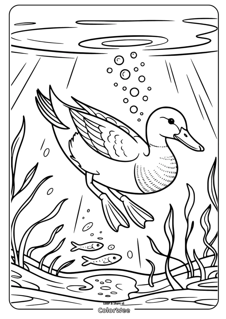 realistic duck diving underwater Duck swimming underwater with fish and seaweed coloring page.