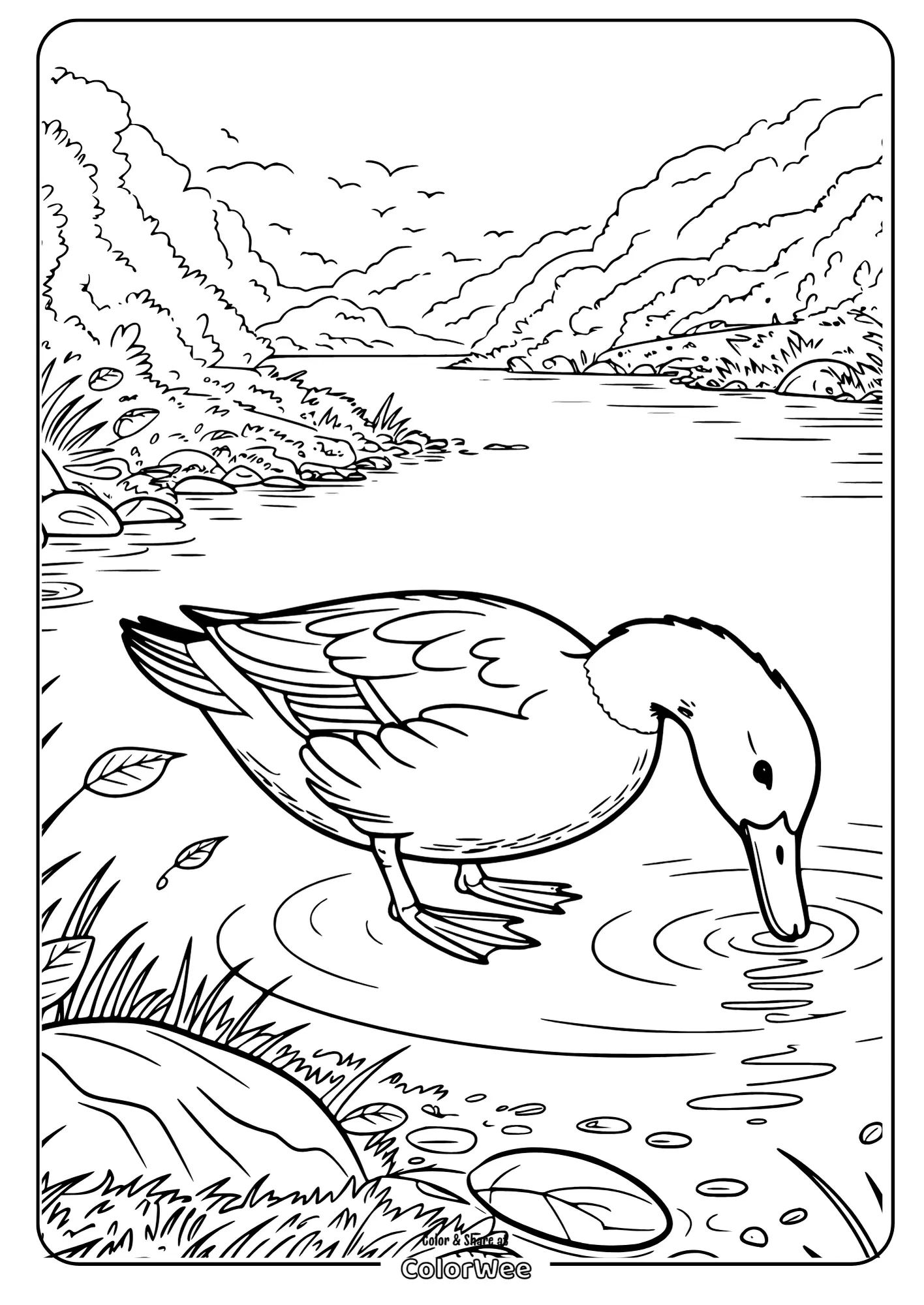 Duck by a river coloring page with mountains and trees