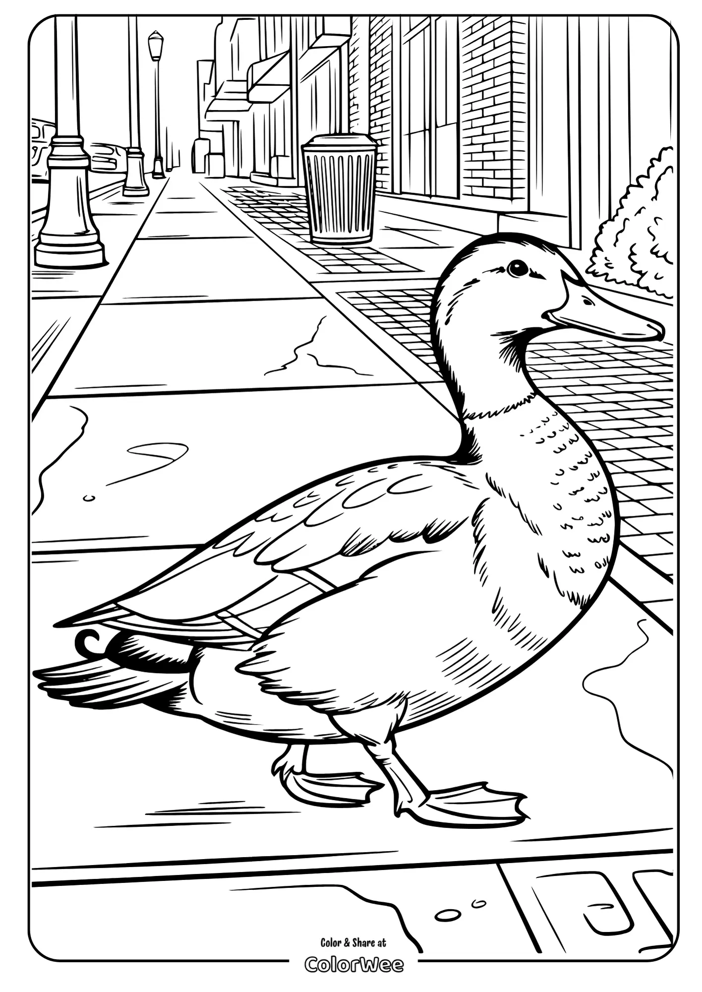 Duck on sidewalk coloring page, city background.
