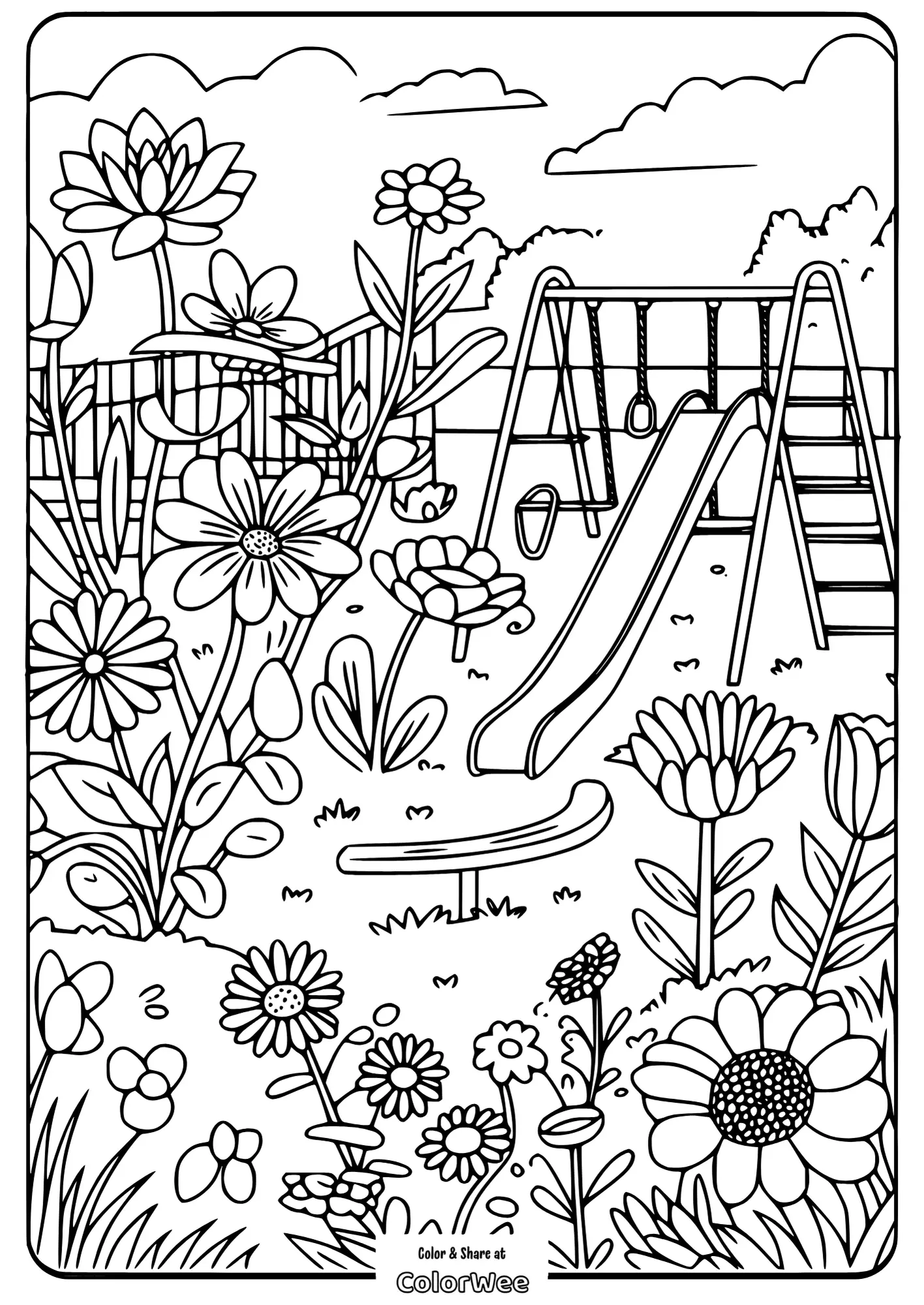 realistic flower garden at a playground coloring page Playground with flowers coloring page for kids.