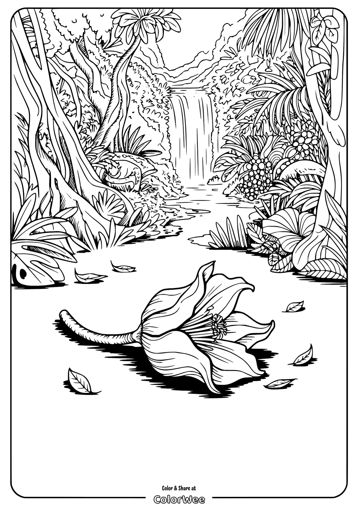 realistic flower in jungle coloring page Jungle waterfall scene with a large fallen flower.