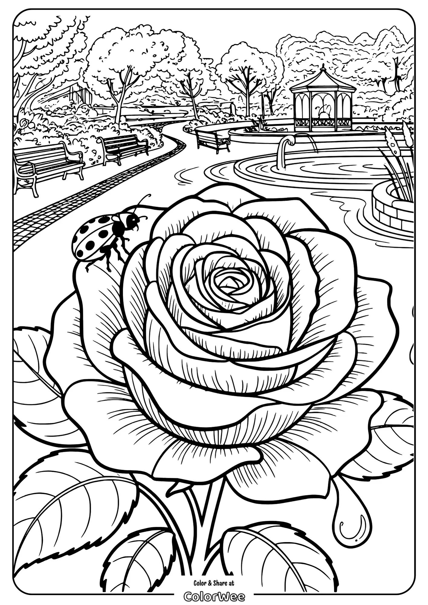 realistic flower on a savanna path coloring page Rose and ladybug coloring page, garden scenery in background.