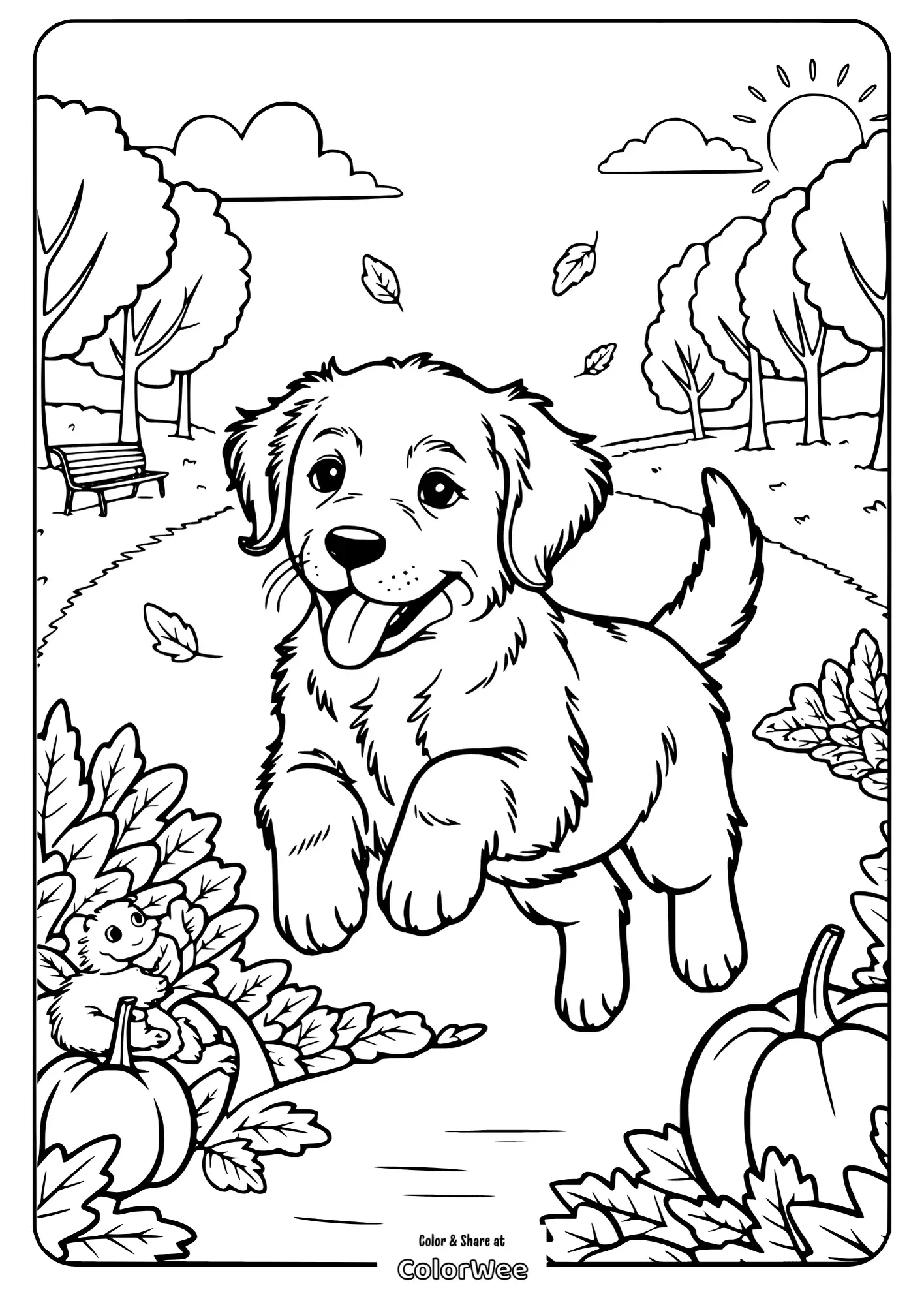 ```
Puppy playing in autumn park coloring page with leaves and sunshine
```