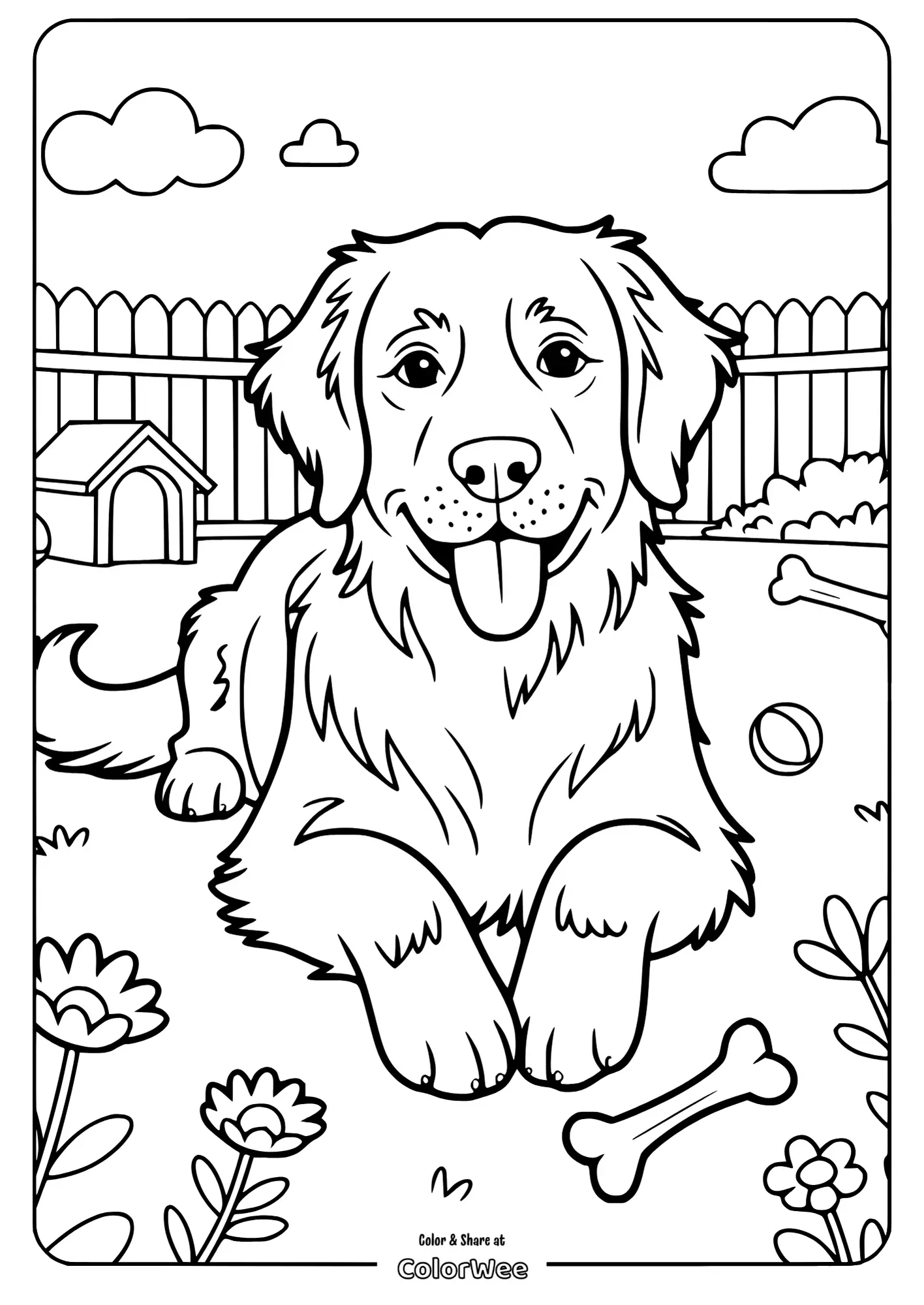 Golden retriever coloring page with doghouse and garden elements.