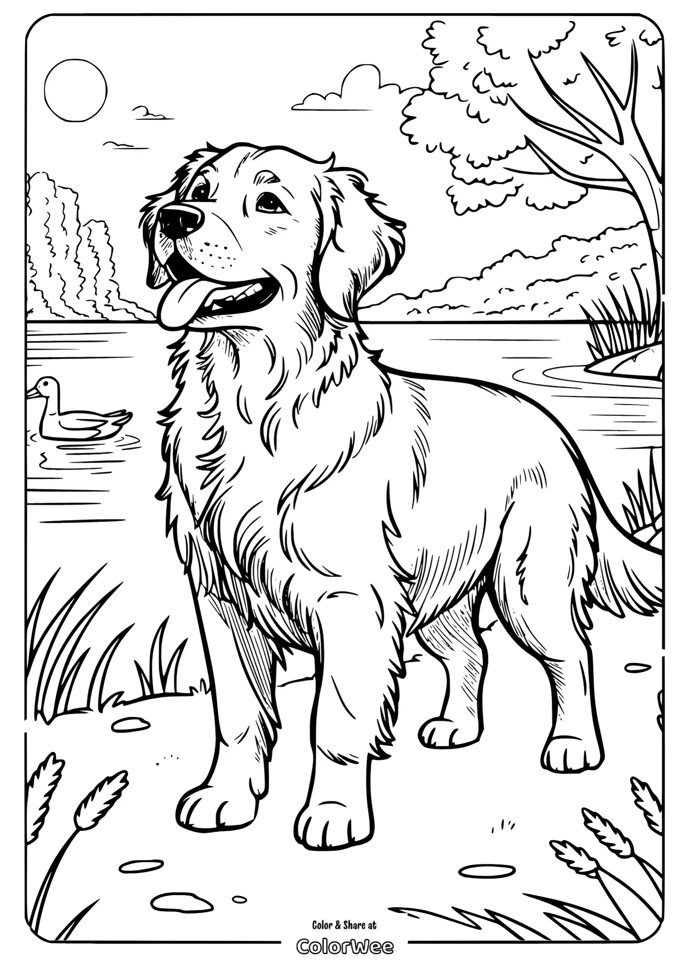 Golden retriever by the lake coloring page.