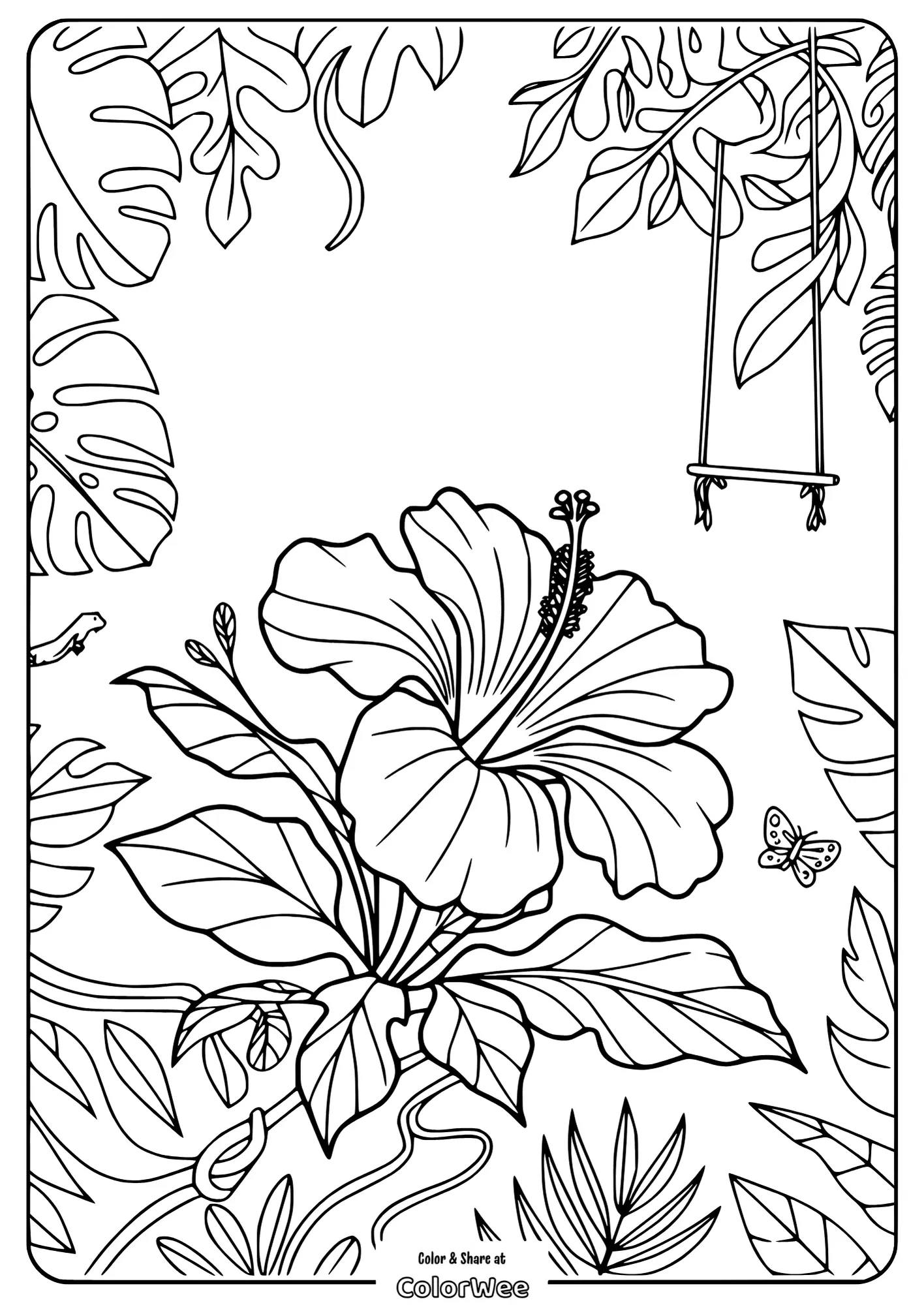 realistic hibiscus flower in jungle with swing coloring page Tropical flower coloring page with leaves and a swing.