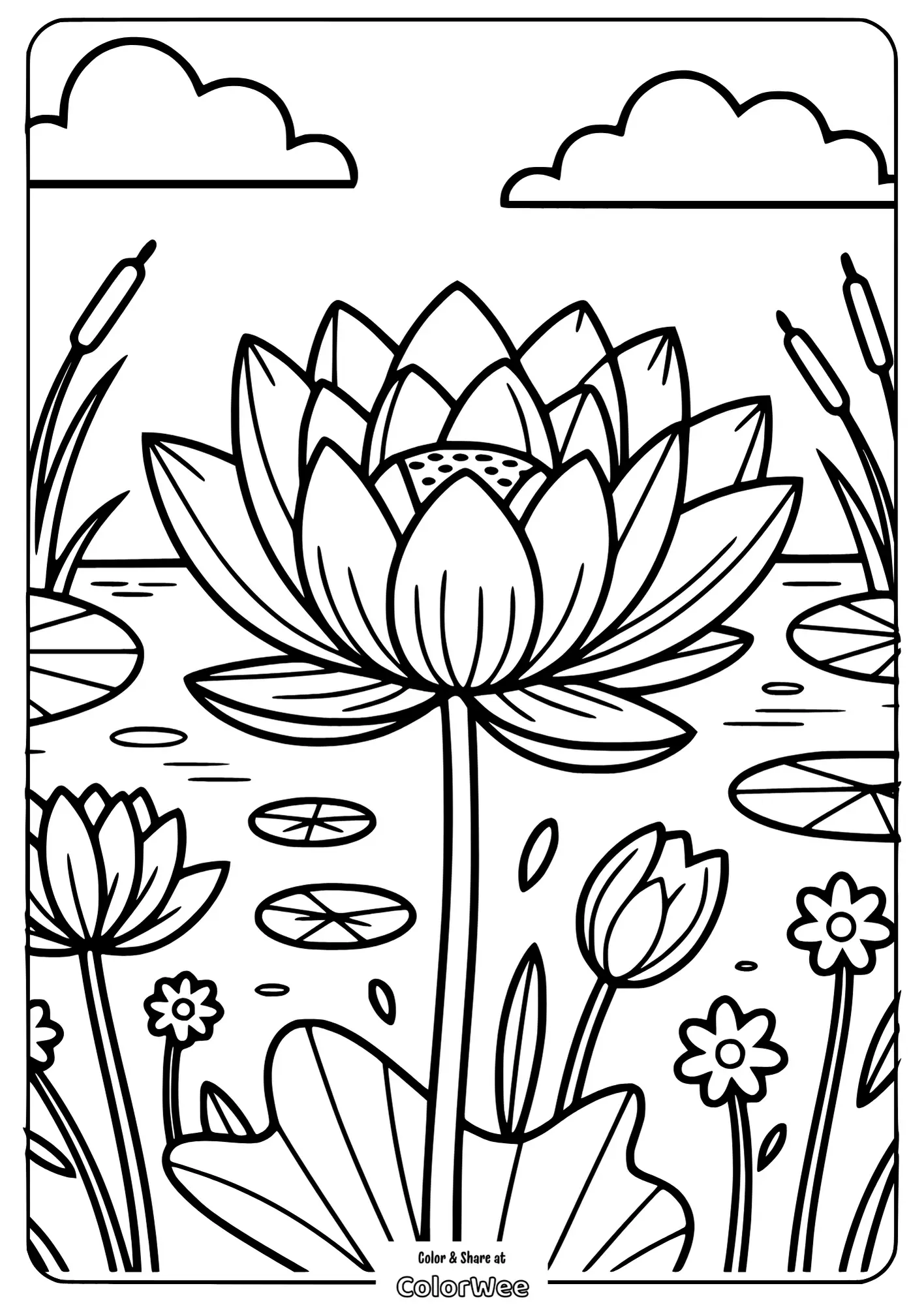 realistic lotus flower on a pond coloring page Lotus flower coloring page for relaxation and creativity.