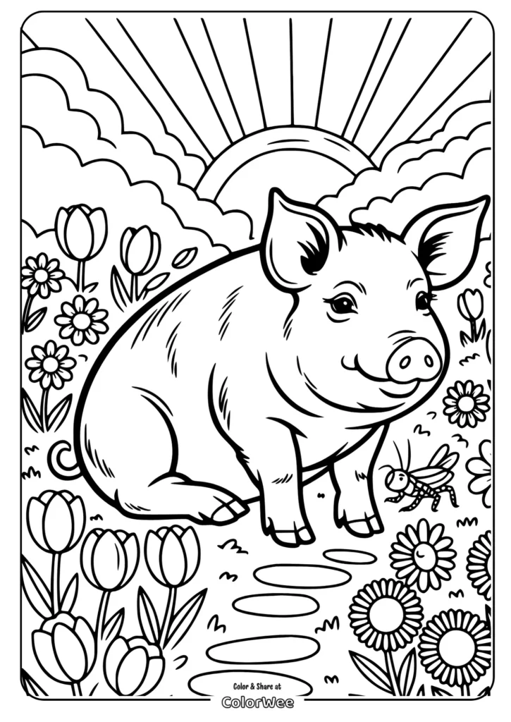 Cute pig in a garden coloring page with flowers and sunrise.