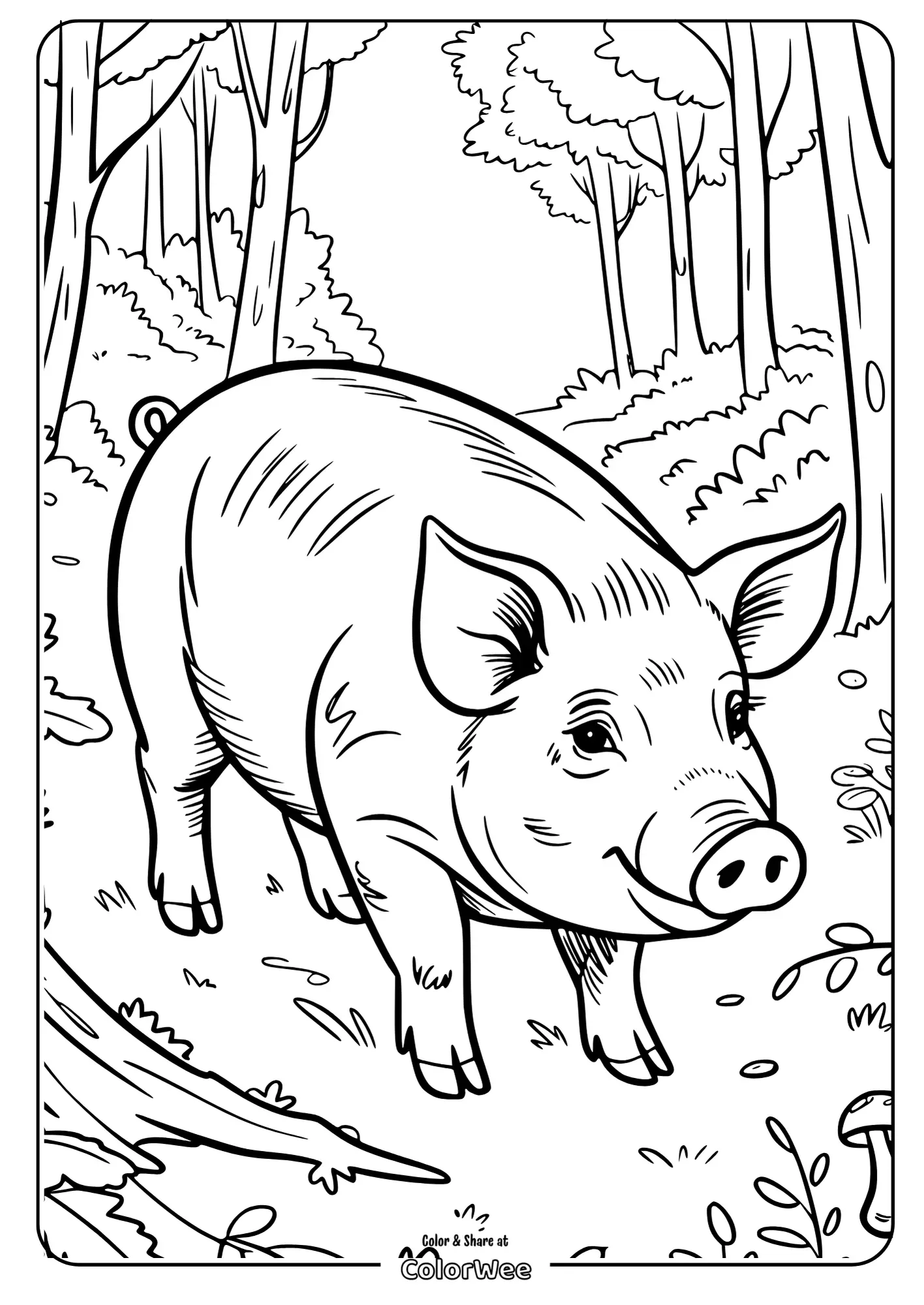 Pig coloring page in a forest setting.