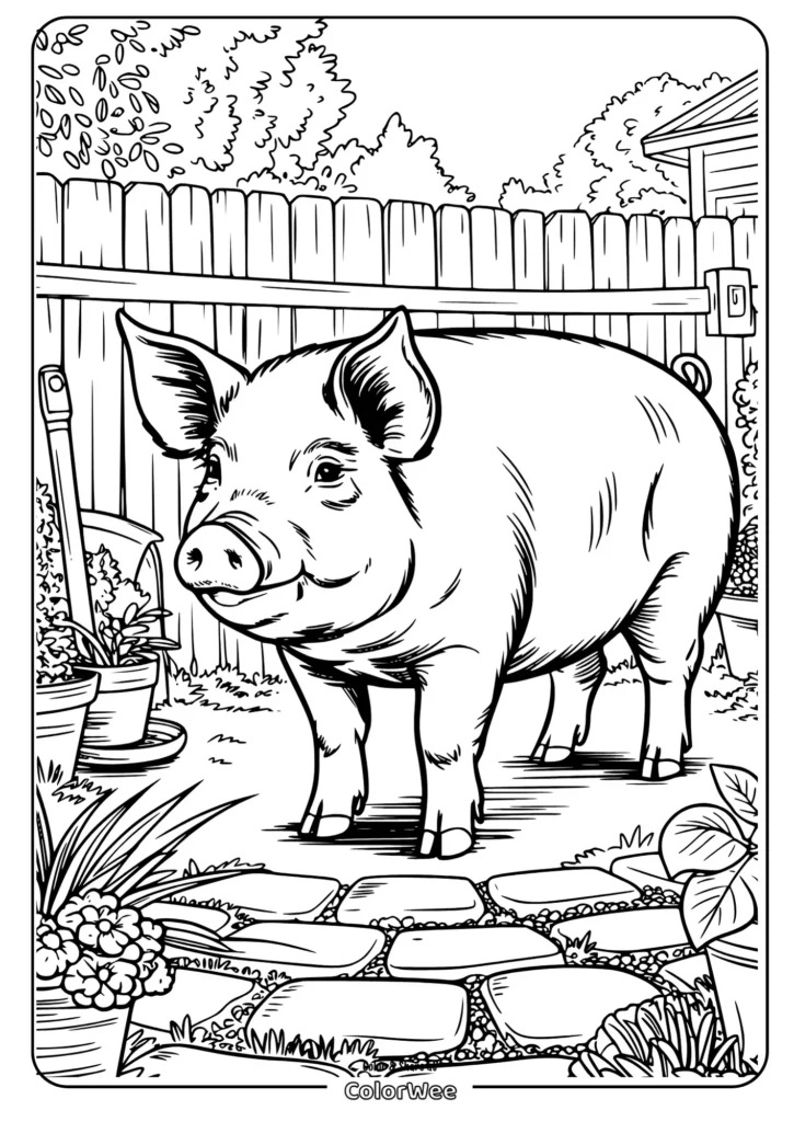 Pig in a garden coloring page with plants and stepping stones.