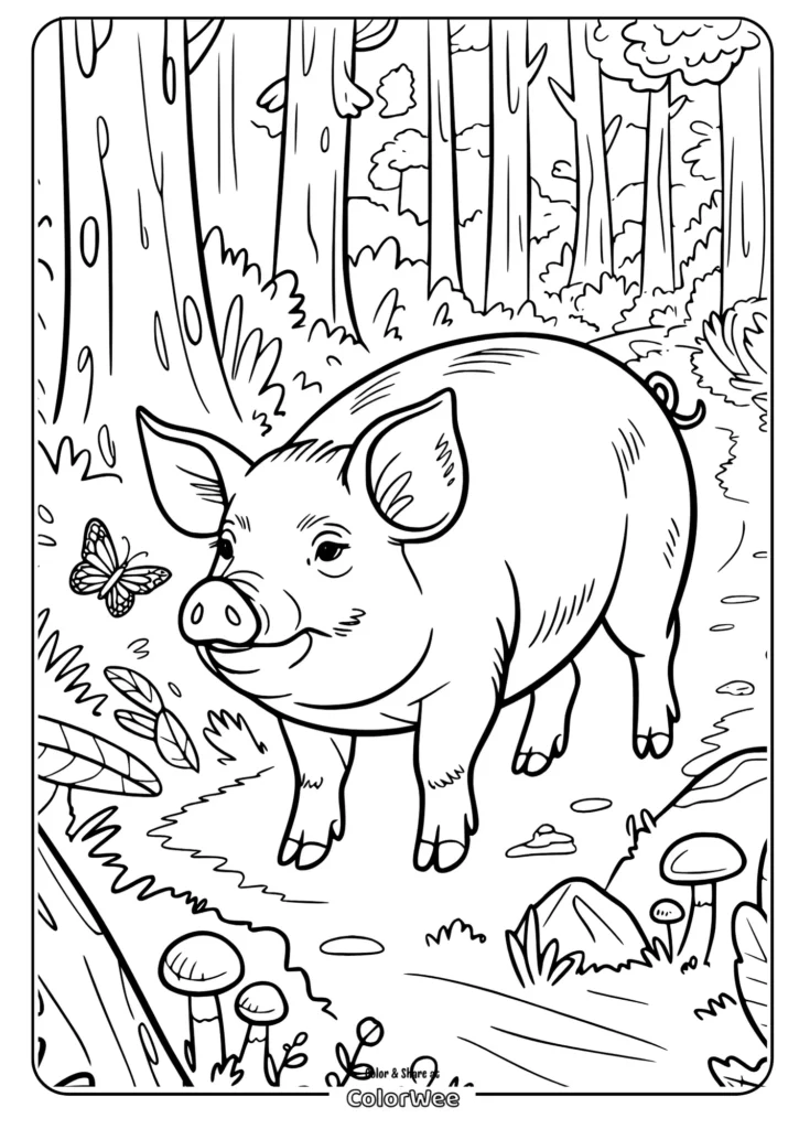 Pig coloring page in a forest with a butterfly.
