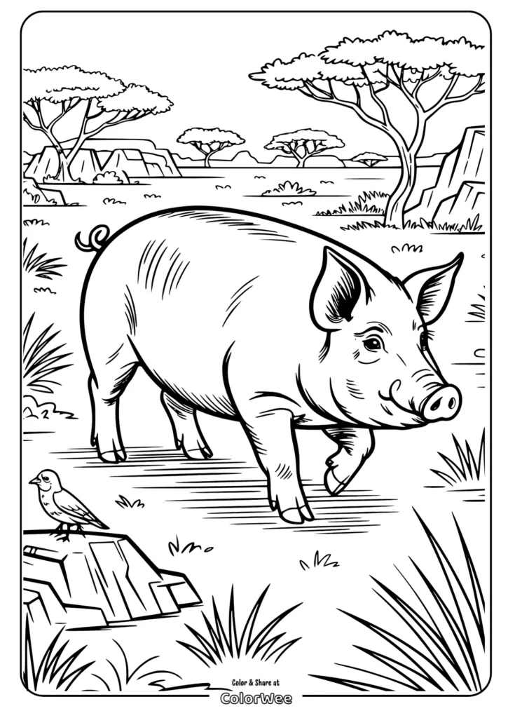 Pig and bird in savannah coloring page for kids.