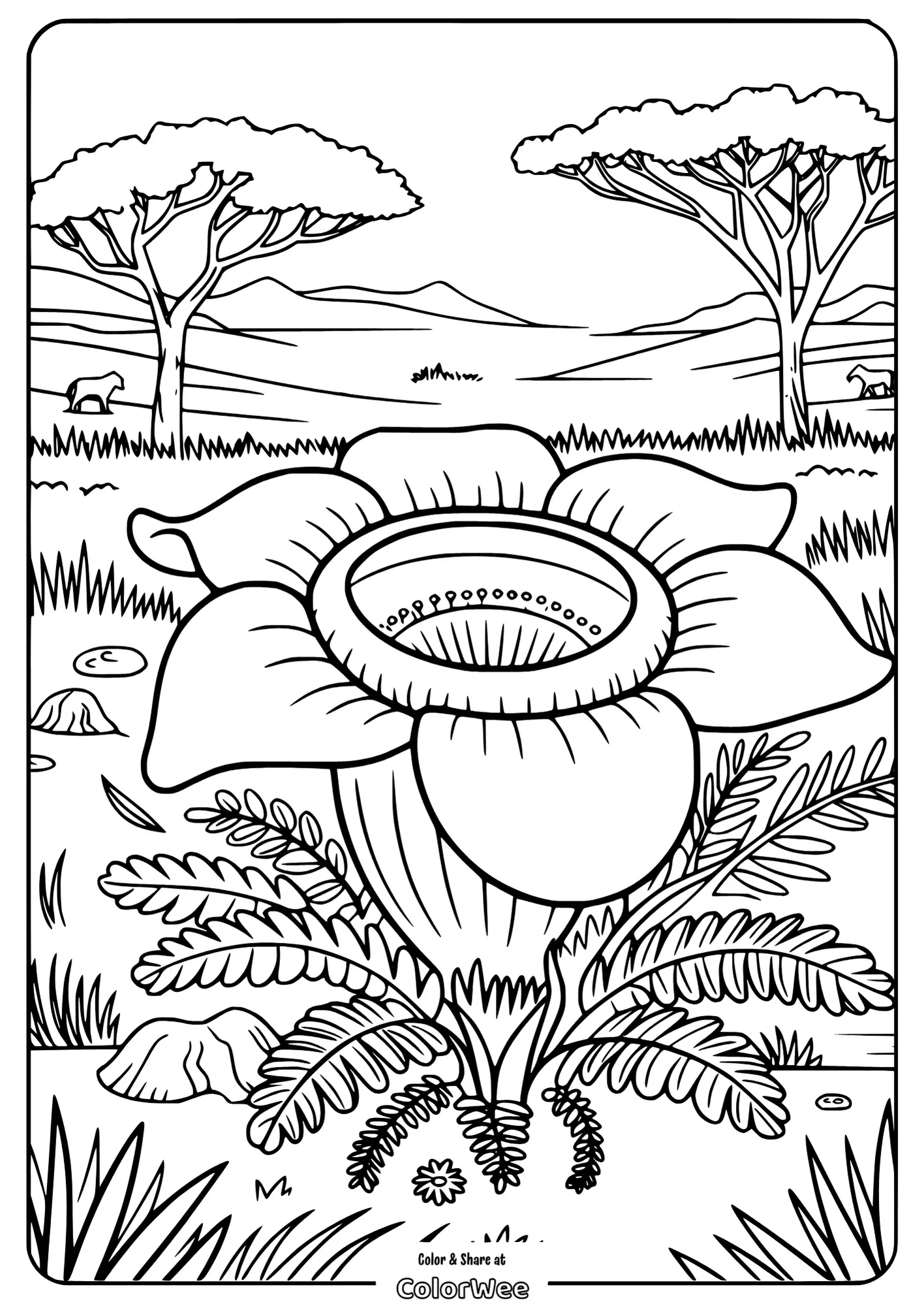 realistic rafflesia flower in savanna coloring page Coloring page: giant flower with trees and mountains.
