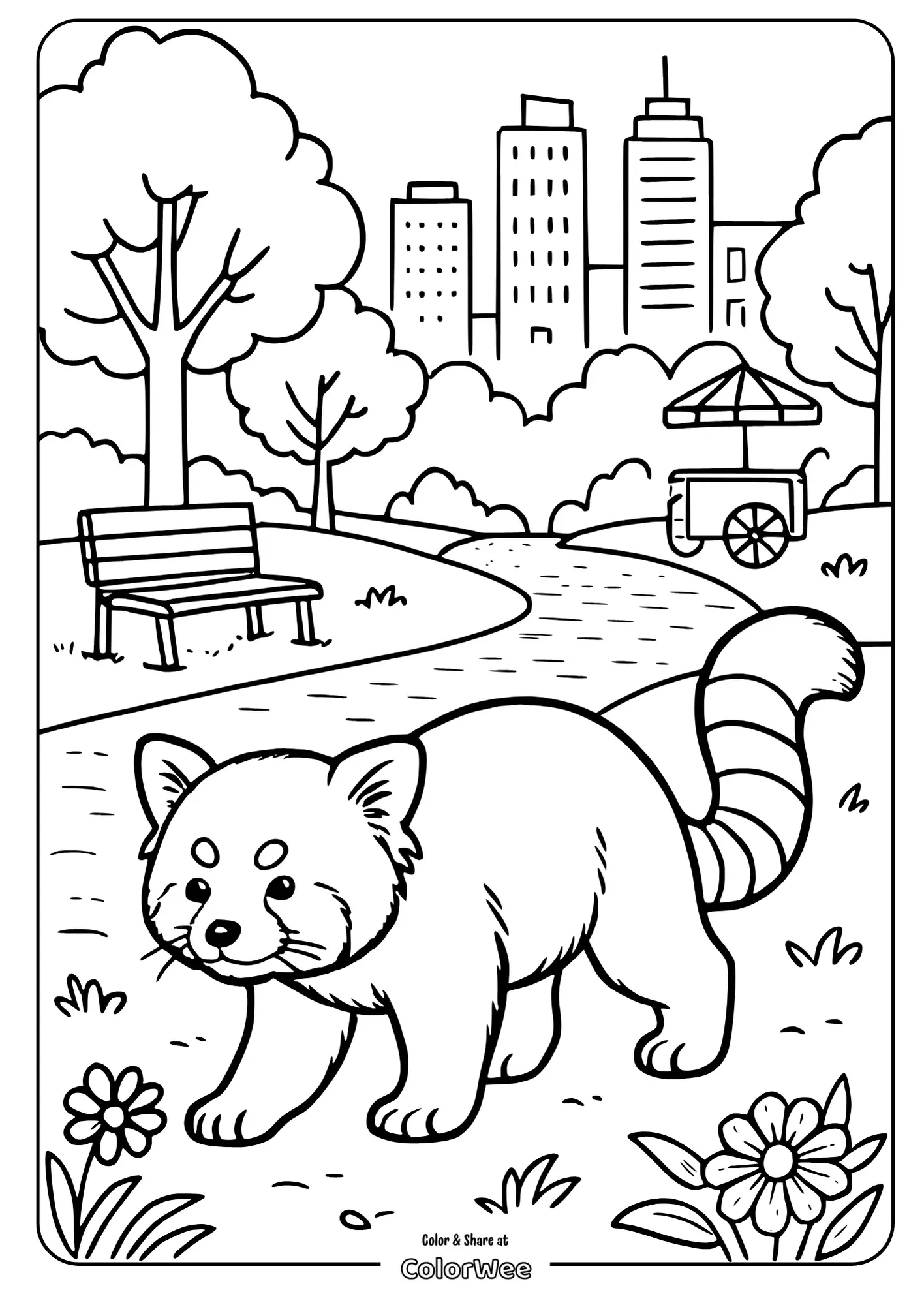 realistic red panda city coloring page.pdf 2 Red panda in a park coloring page with city skyline.