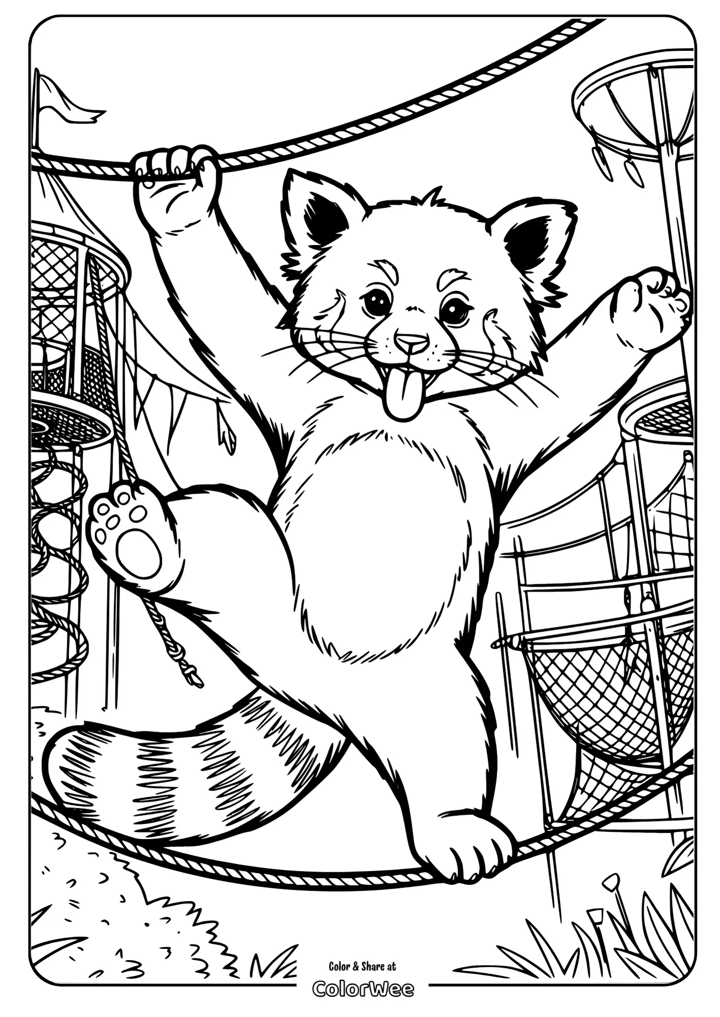 realistic red panda playing playground coloring page advanced.pdf 2 Cute red panda balancing on a rope in a playful jungle scene.