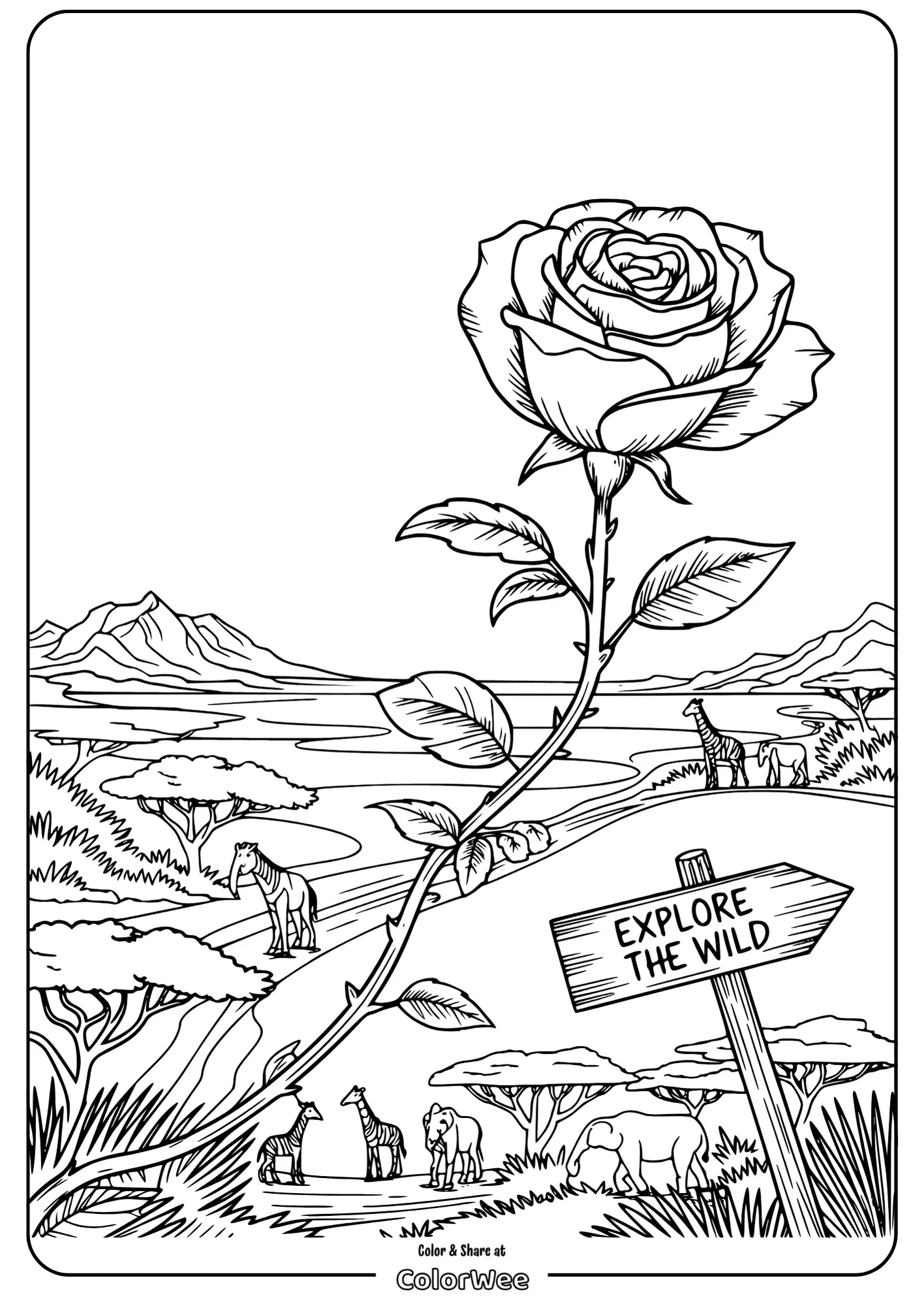 realistic rose flower in the wild coloring page Safari scene with rose and wildlife, sign says Explore the Wild, coloring page.