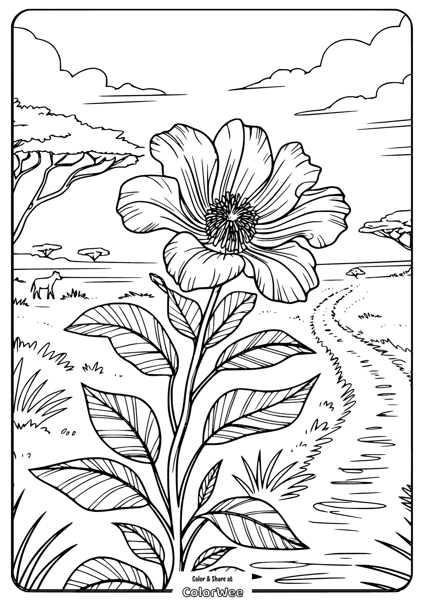 realistic rose flower with ladybug in a park coloring page Flower coloring page with a scenic African savanna background