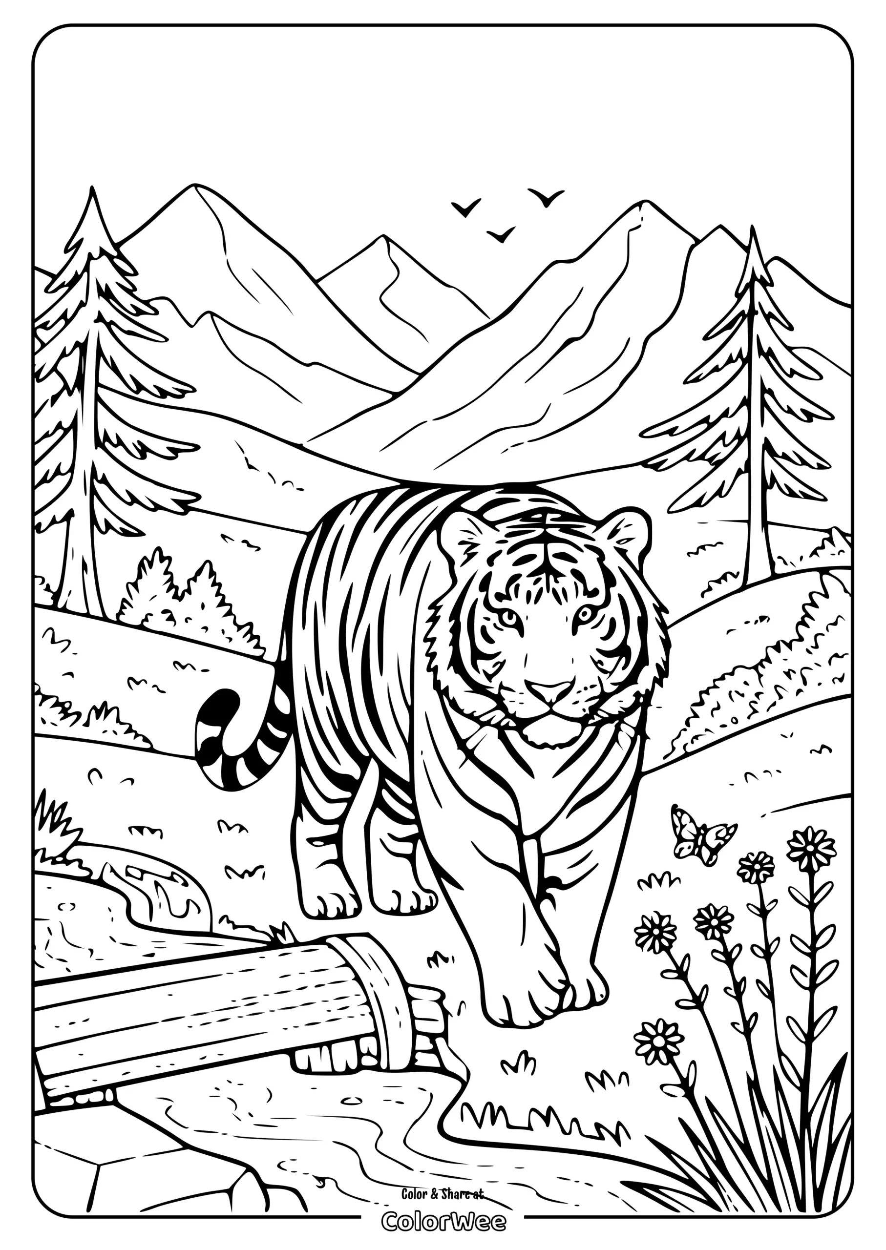 realistic tiger hill coloring page scaled Tiger in a mountain landscape coloring page.