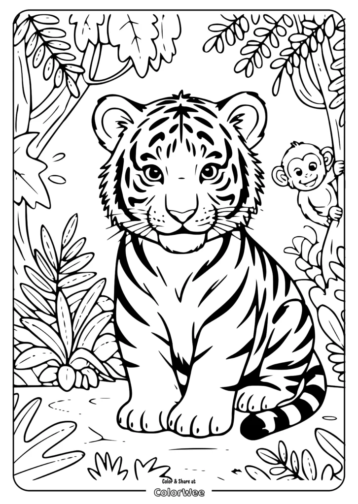 realistic tiger monkey coloring page Tiger cub and monkey coloring page in a jungle scene.