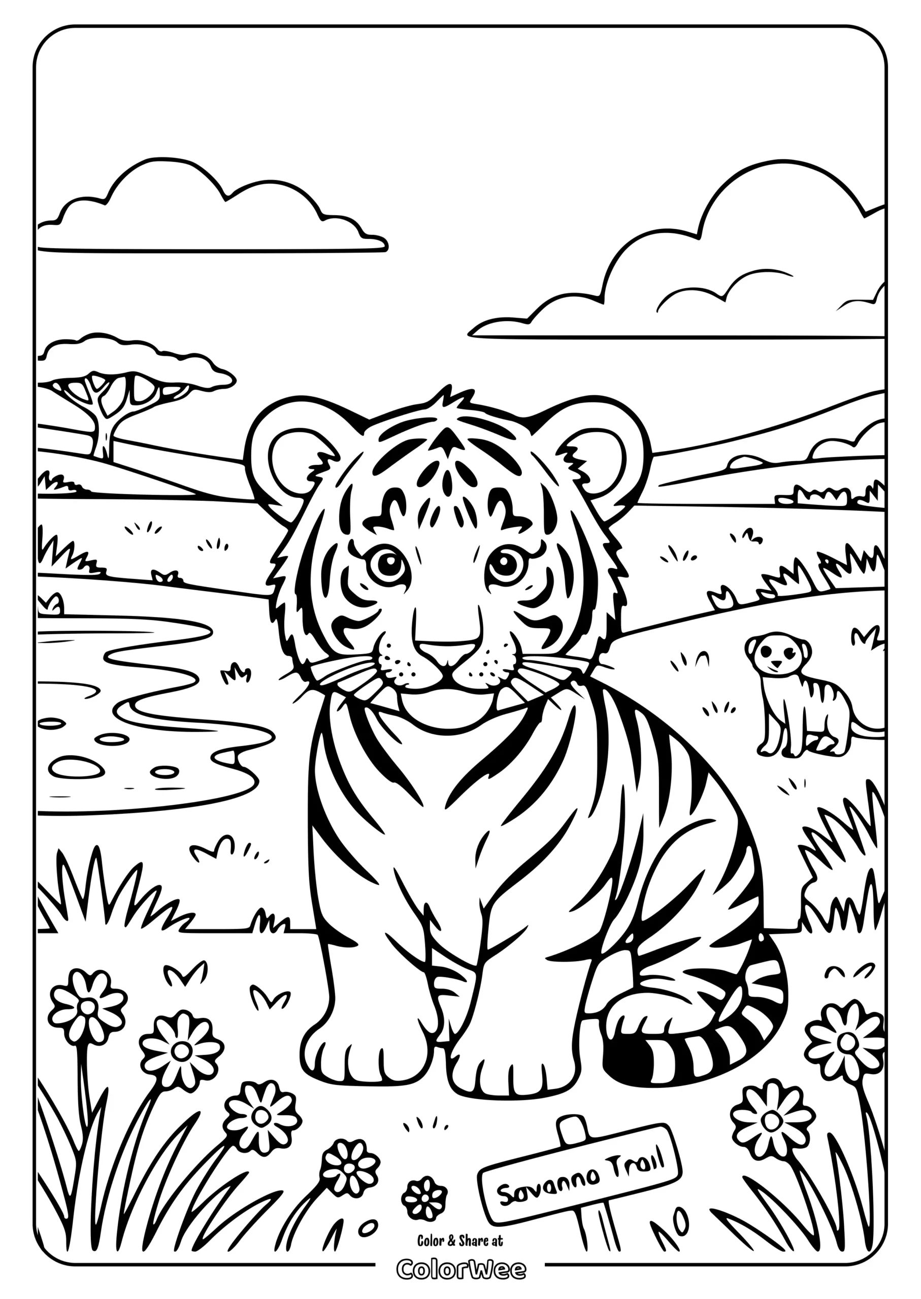 realistic tiger savanna coloring page scaled Tiger cub on savanna trail coloring page.
