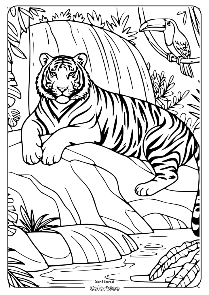 realistic tiger waterfall coloring page Tiger and toucan in jungle coloring page.