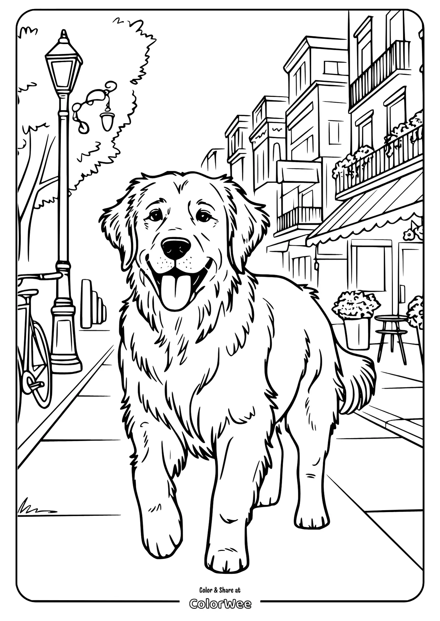 realistic golden retriever city walk coloring 1 Golden Retriever on a city street coloring page.