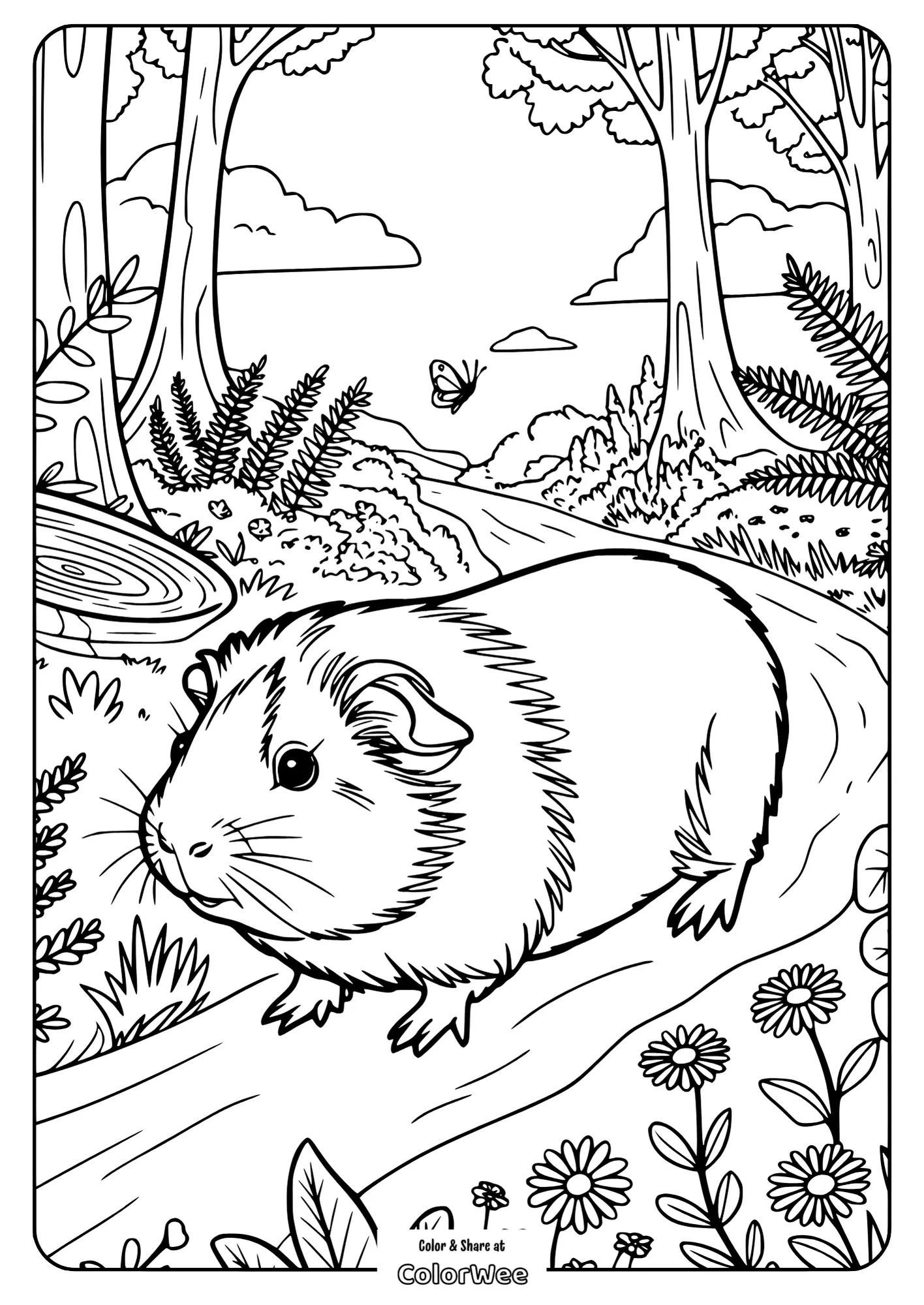 Guinea pig in nature coloring page with trees and flowers.