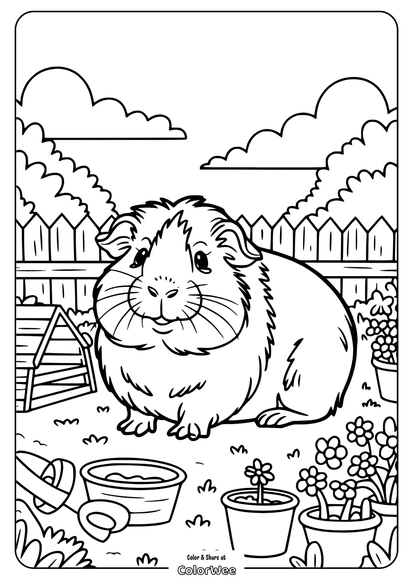 Guinea pig in garden coloring page for kids.