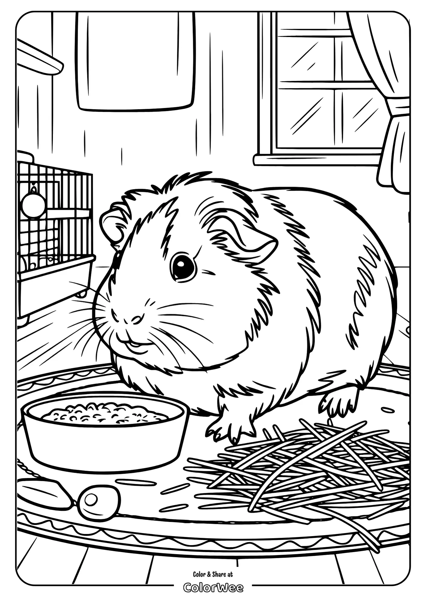 Guinea pig eating in its cozy cage coloring page.