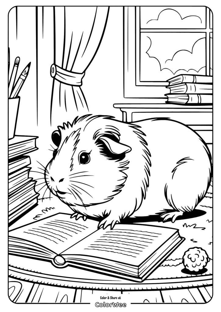 realistic guinea pig study room Guinea pig on book, cozy room, coloring page.