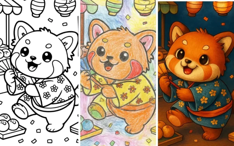 Cute cartoon fox with fan, lanterns, and snacks in kimono coloring page.