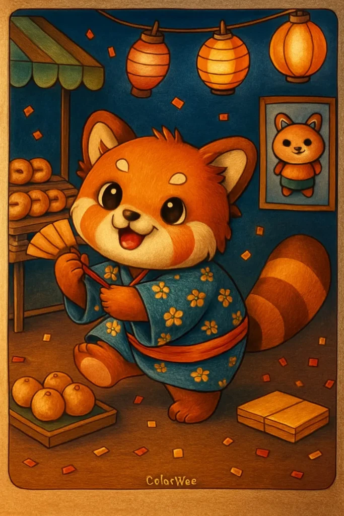 red panda professional coloring Cute red panda in kimono at a festival coloring page.