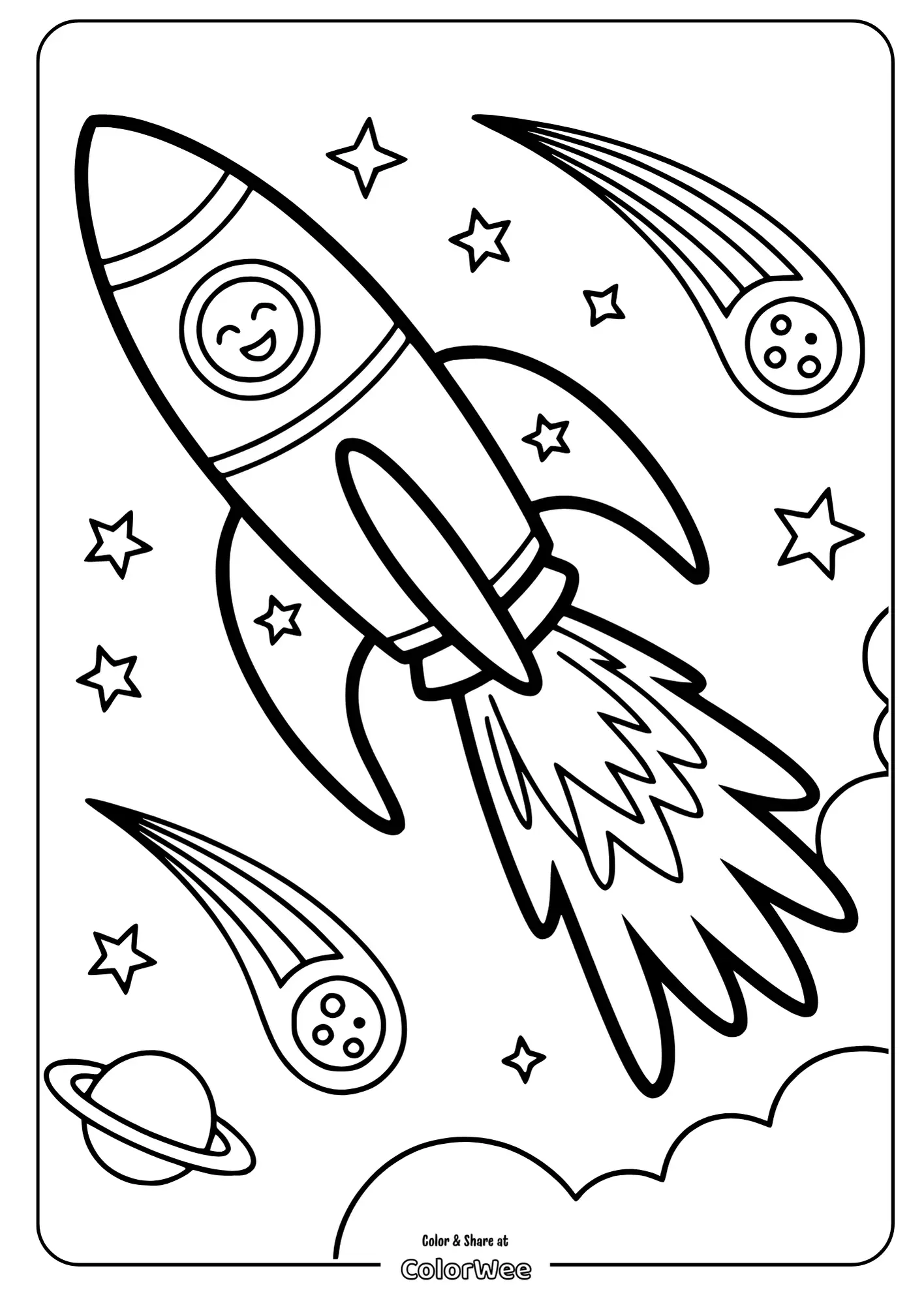 Rocket coloring page with stars and comets. Fun space activity.