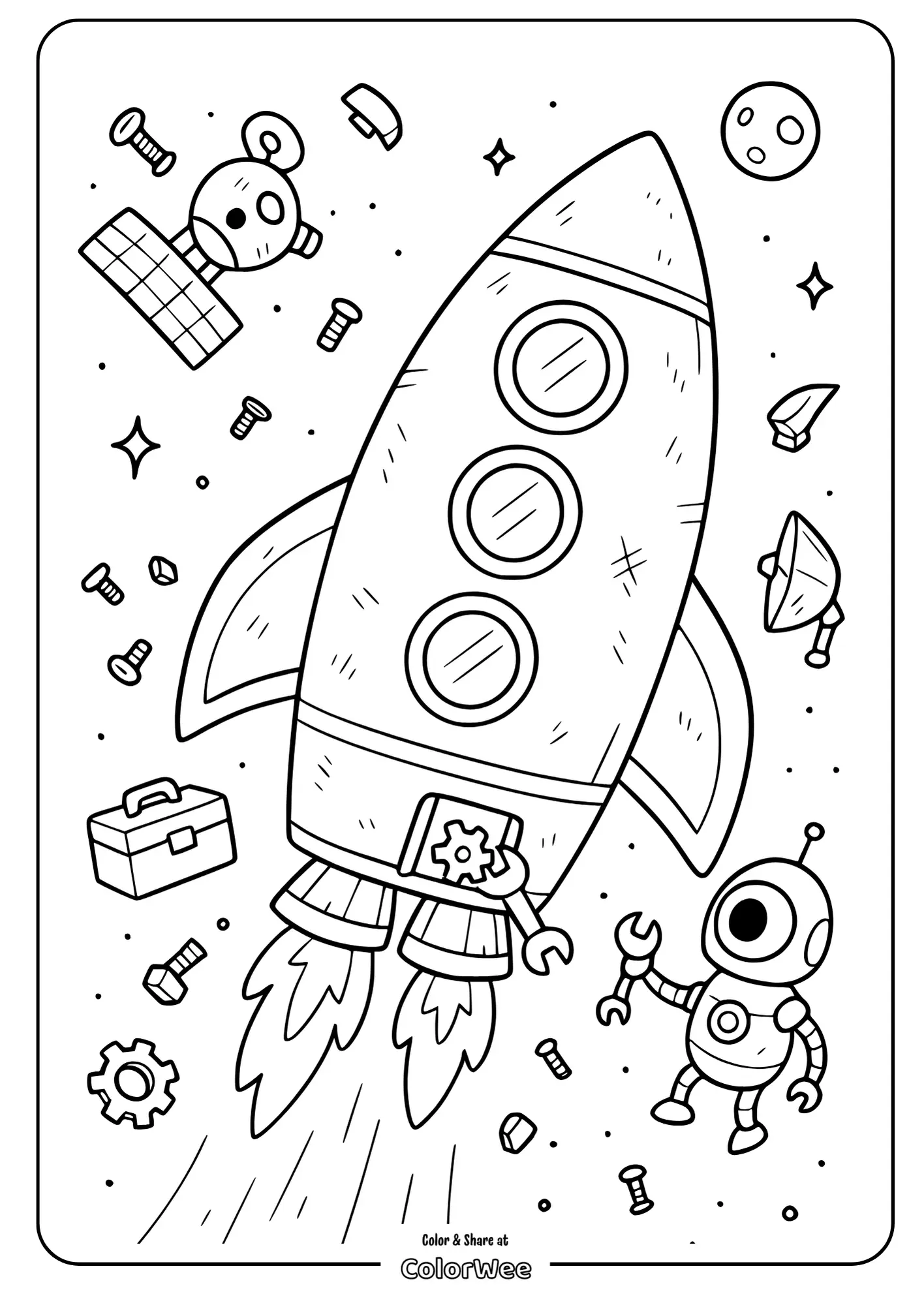 Robot and rocket coloring page with space theme objects.