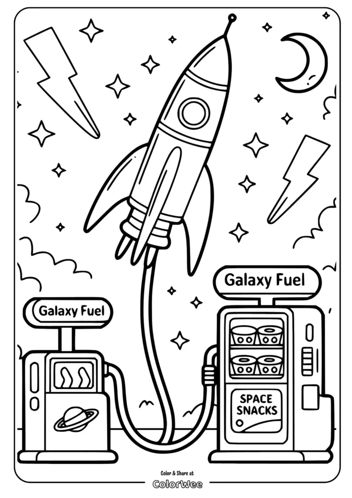 Rocket fueling in space coloring page with snacks and stars.
