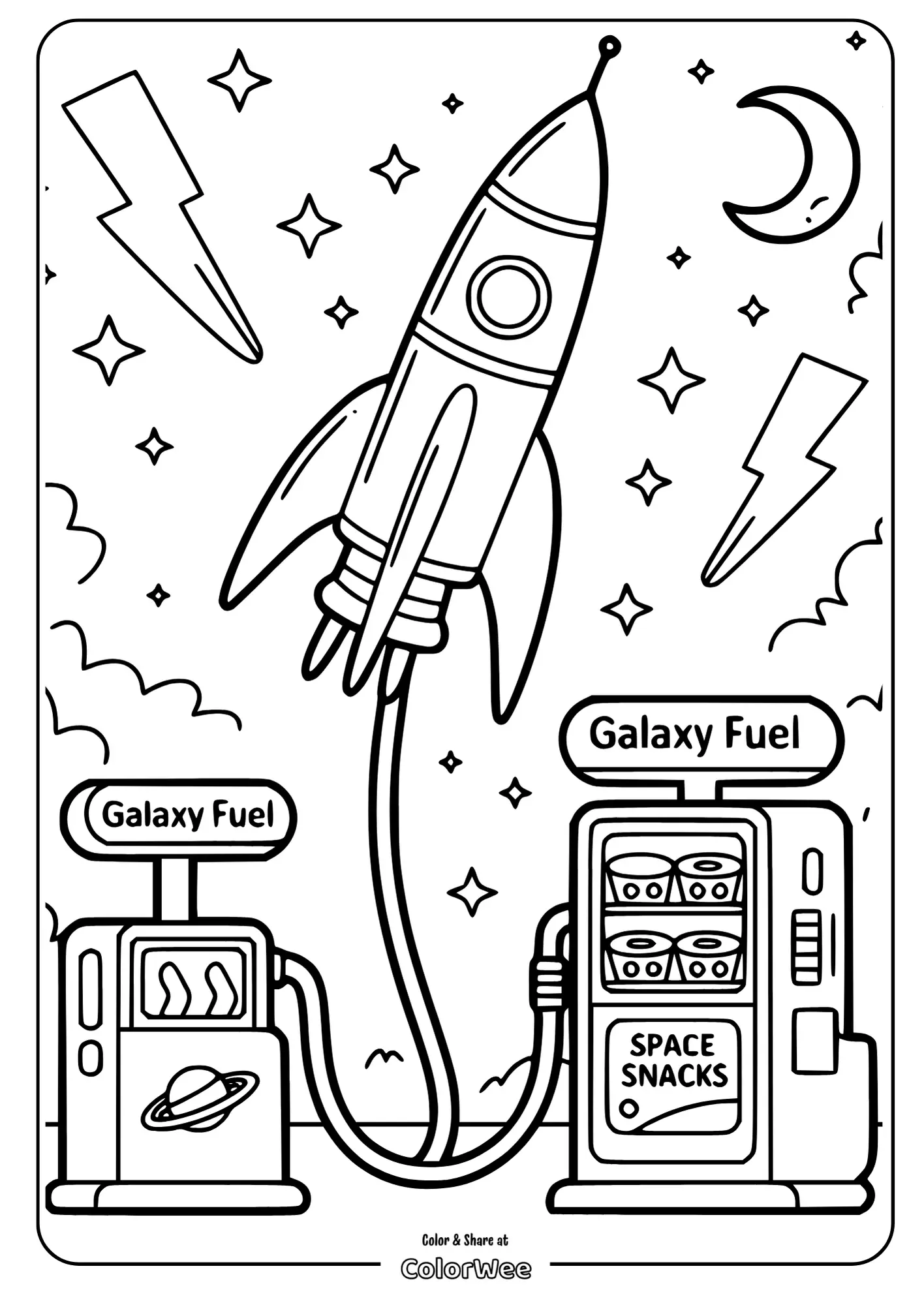 Rocket fueling in space coloring page with snacks and stars.