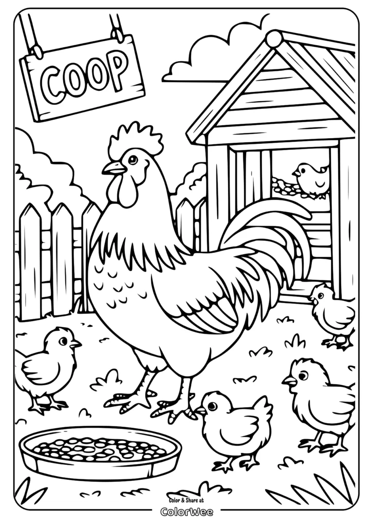rooster chicks coloring page Rooster and chicks in a coop coloring page for kids.