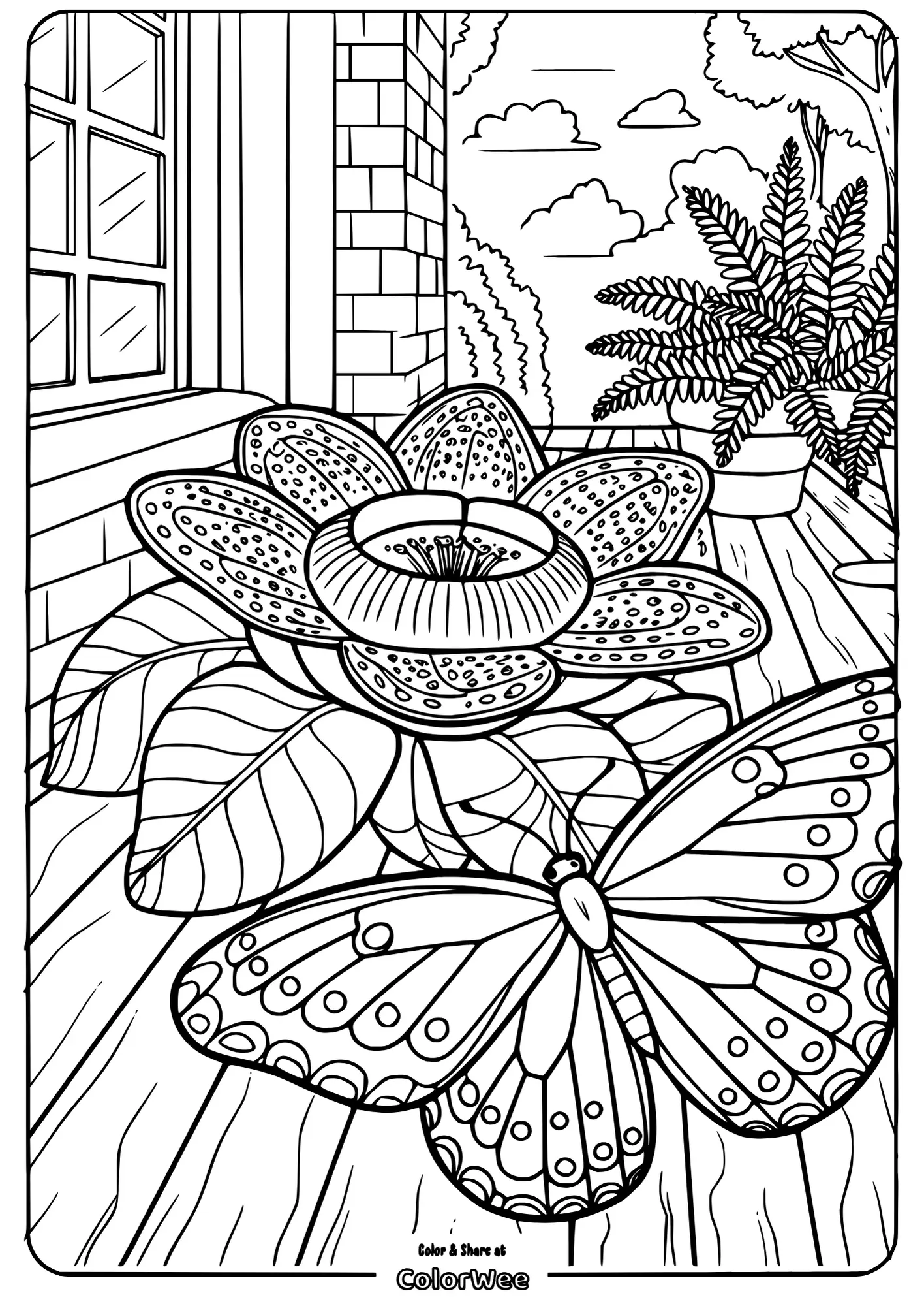 rose flower and butterfly in house coloring page Butterfly and flower coloring page on a scenic deck.