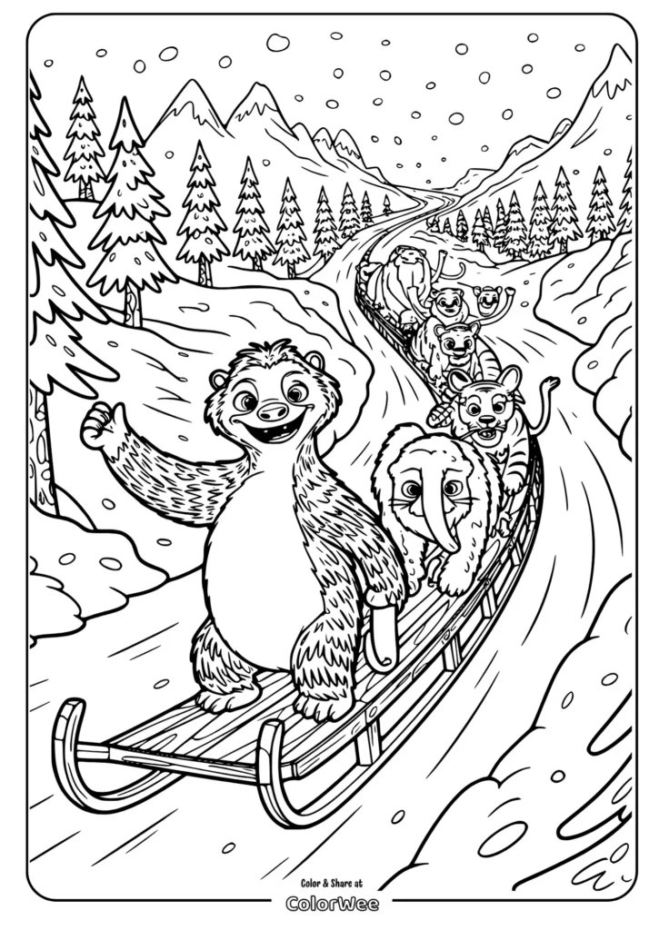 Cartoon animals sledding in snowy mountains coloring page.