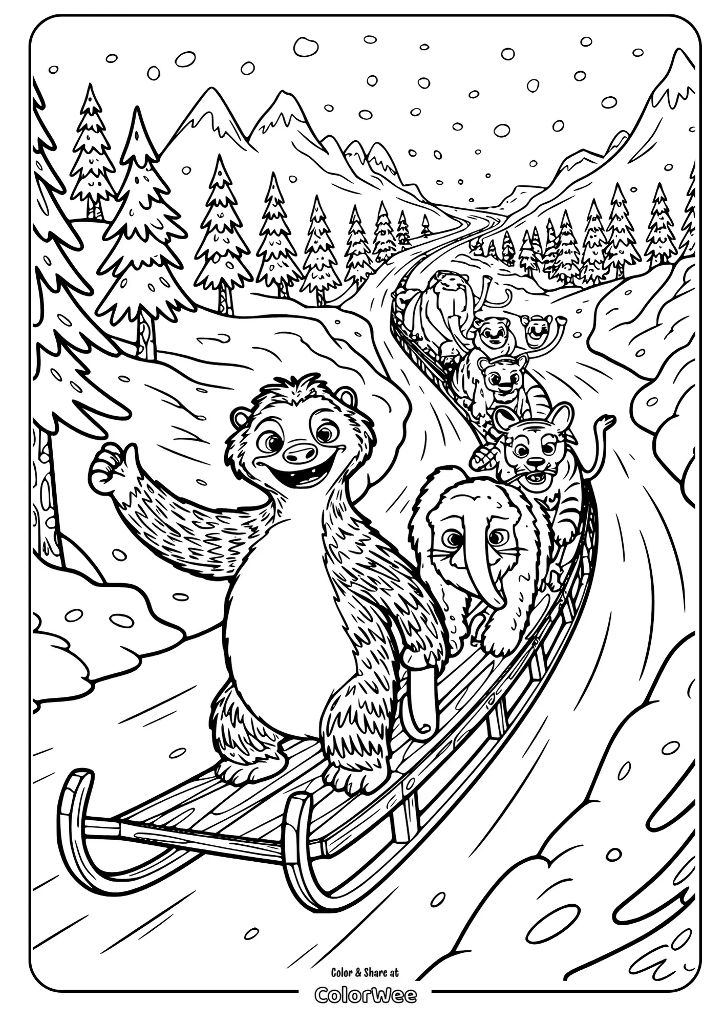 Cartoon animals sledding in snowy mountains coloring page.