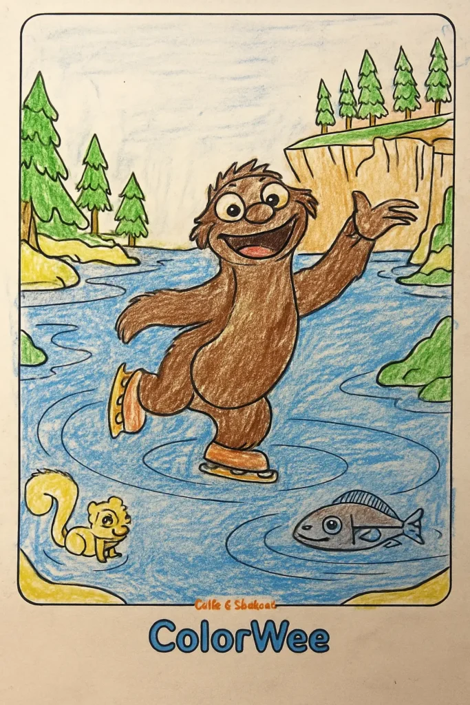Cute bear ice skating with a squirrel and fish in a colorful forest scene.