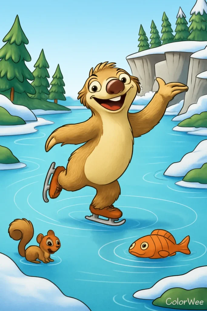 Cute sloth ice-skating with squirrel, fish, winter trees in background.