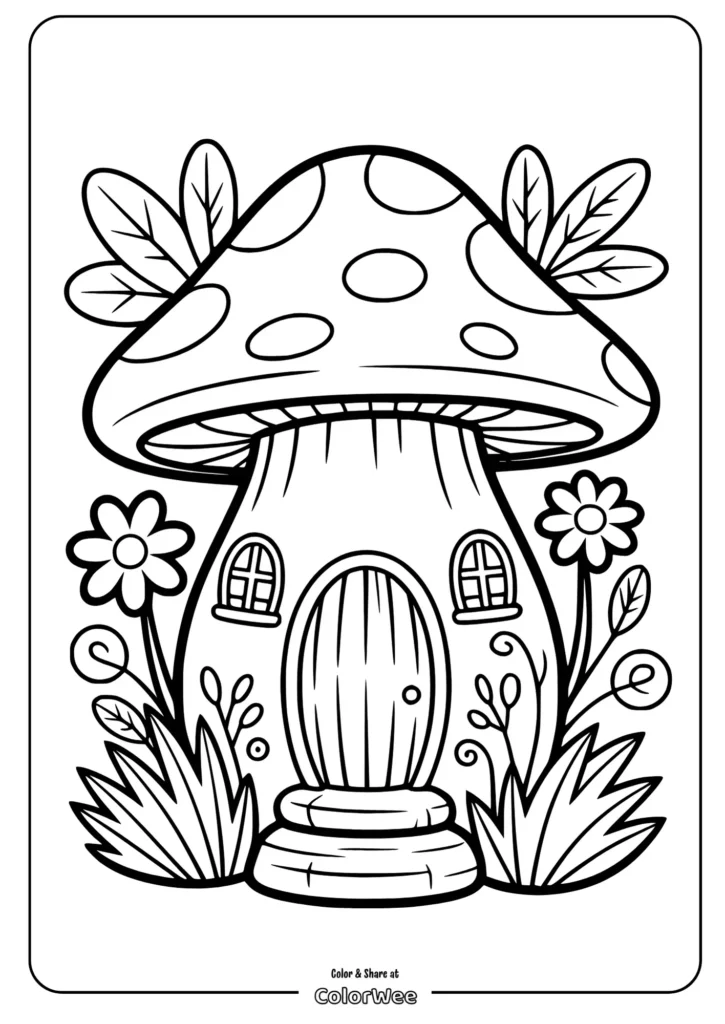 Mushroom house coloring page with flowers and leaves for kids.