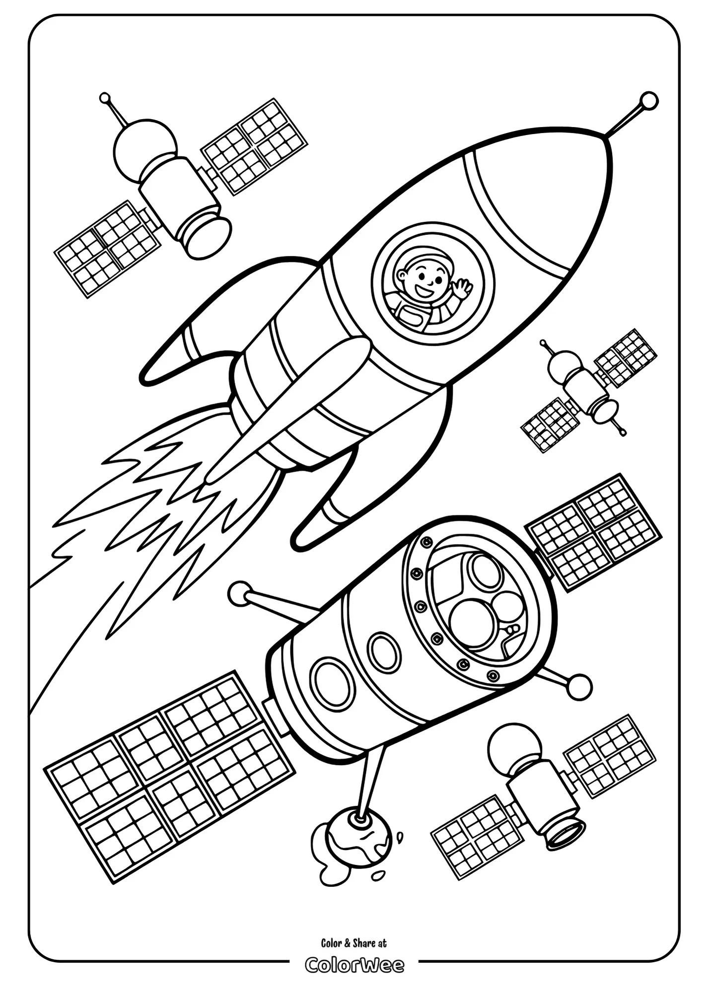 Spaceship and satellites coloring page for kids.
