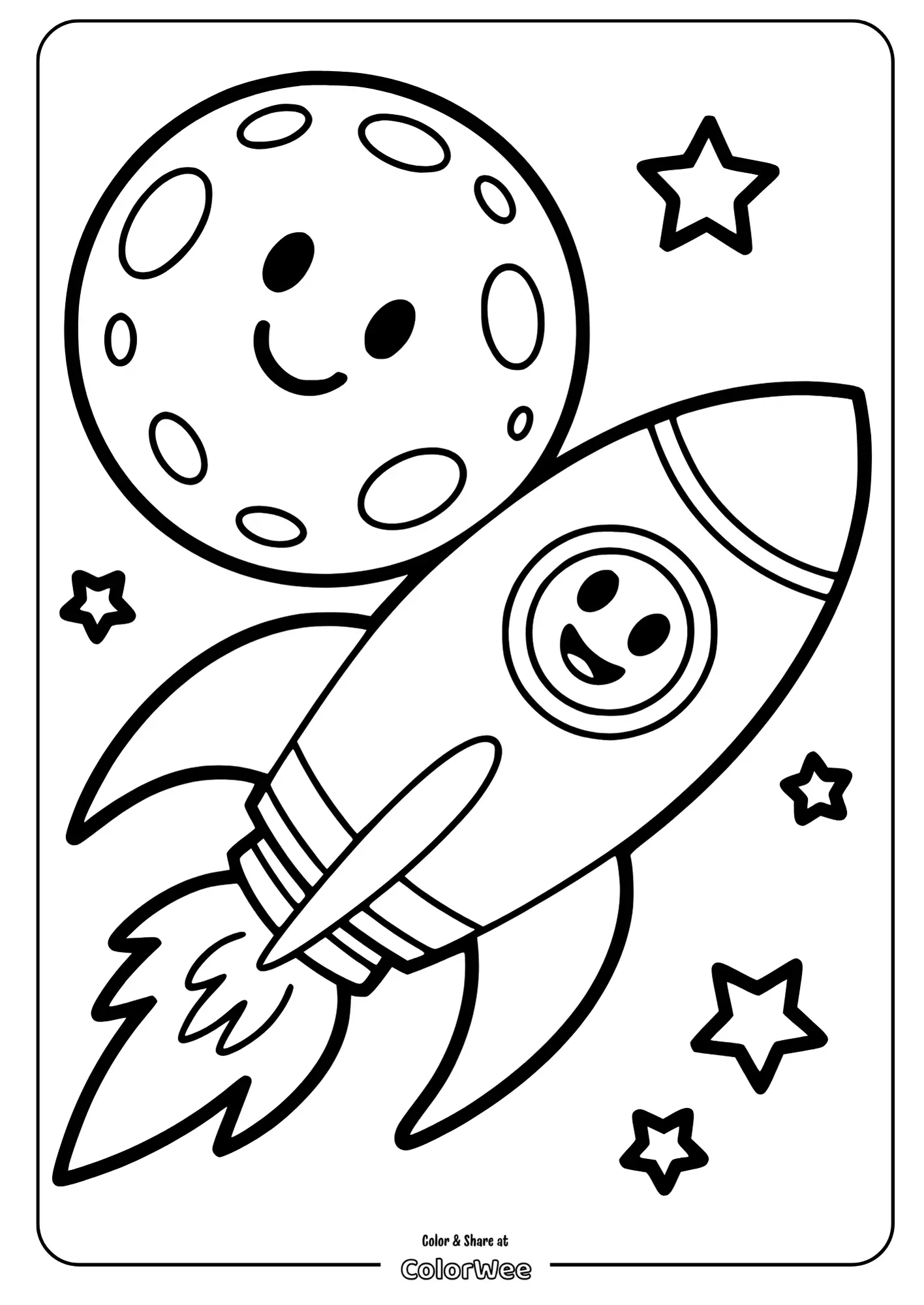 Smiling rocket and moon coloring page with stars.