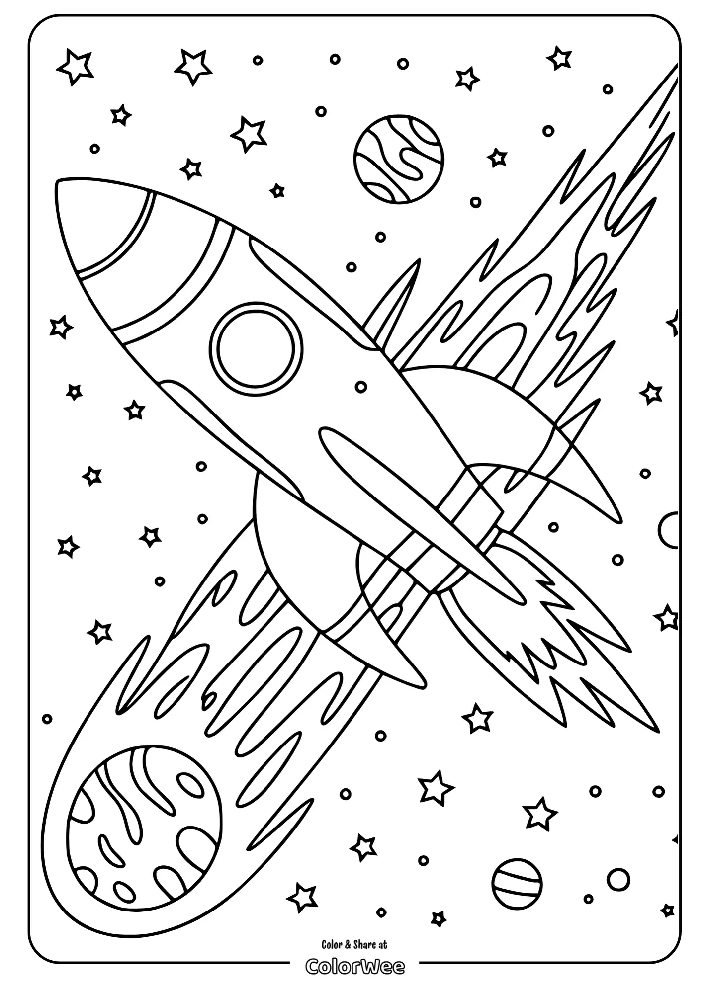 Rocket soaring through space, surrounded by stars and planets.