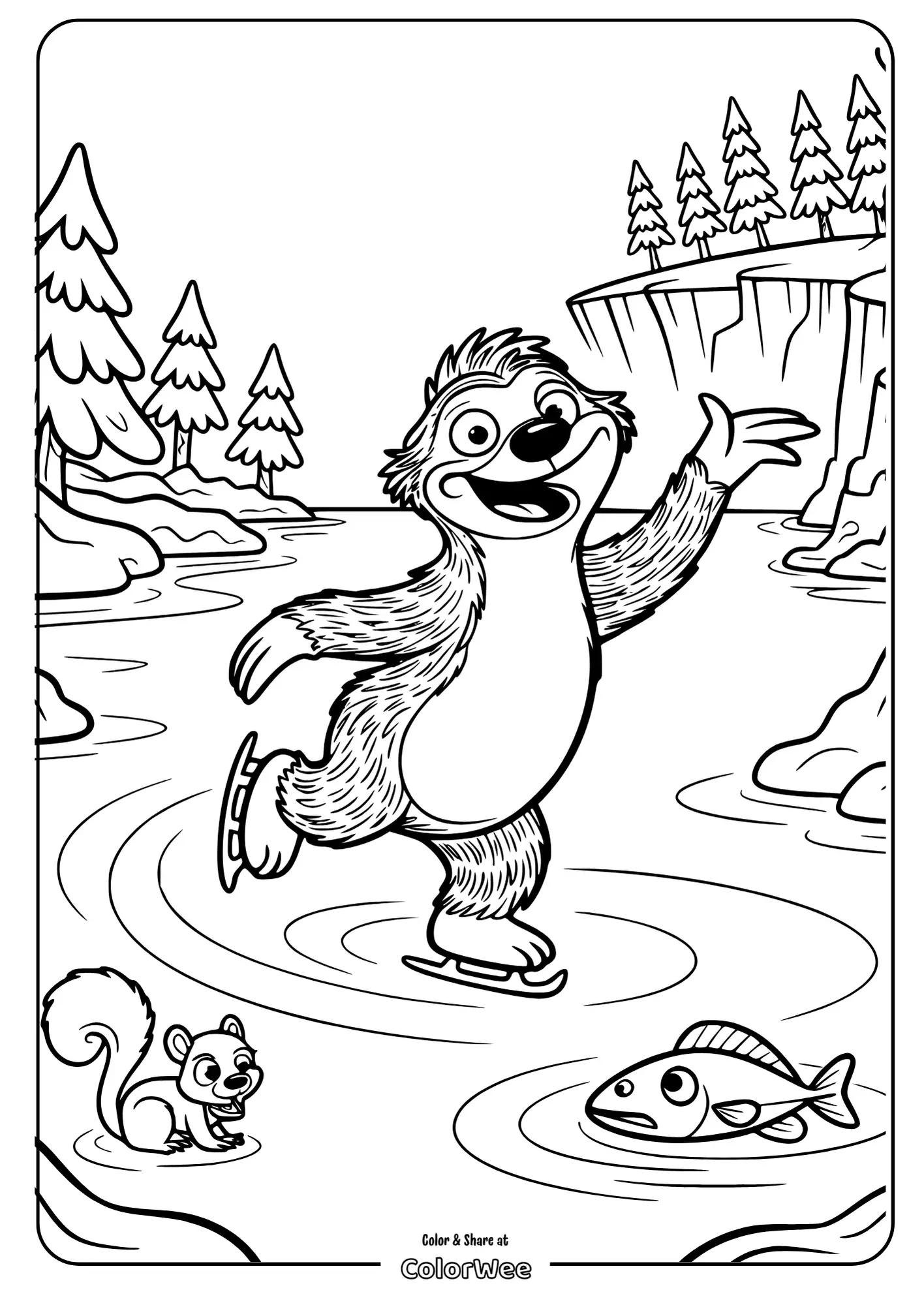 Skating sloth on a frozen pond with a squirrel and a fish.