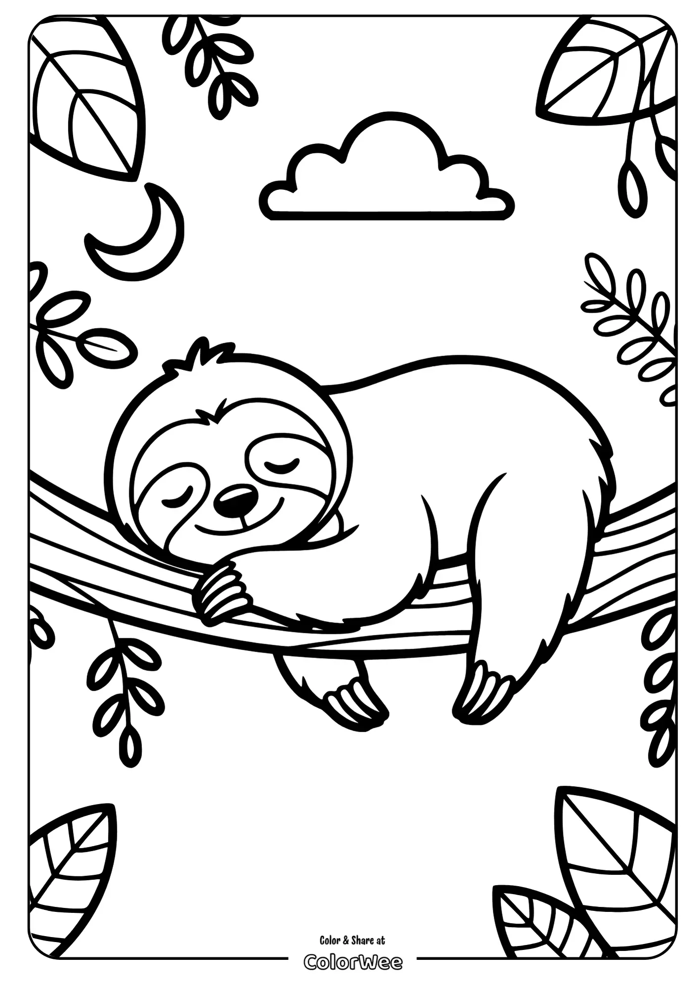 Sleeping sloth on a branch coloring page for kids.
