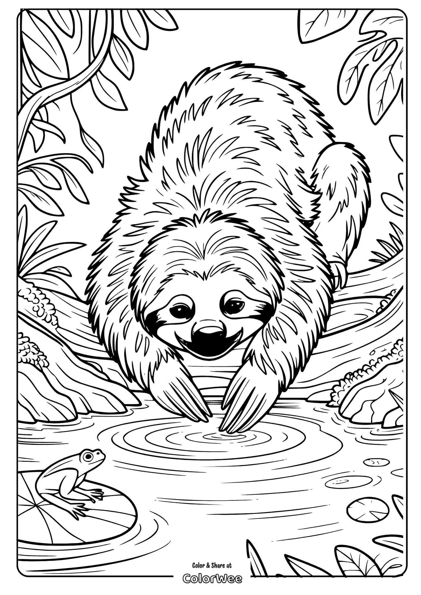 Sloth and frog by a pond coloring page for kids.