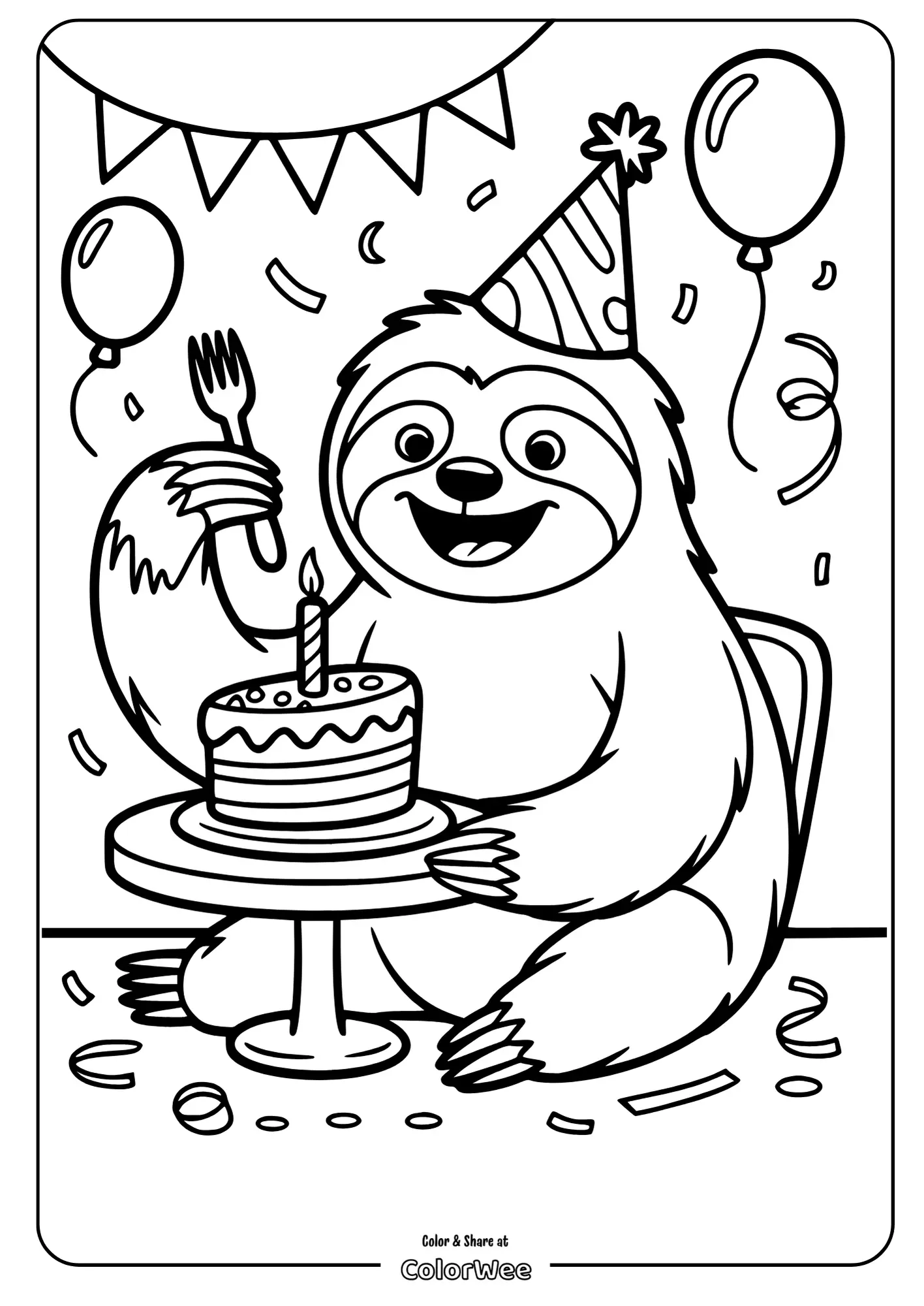 Sloth birthday coloring page with cake and balloons.
